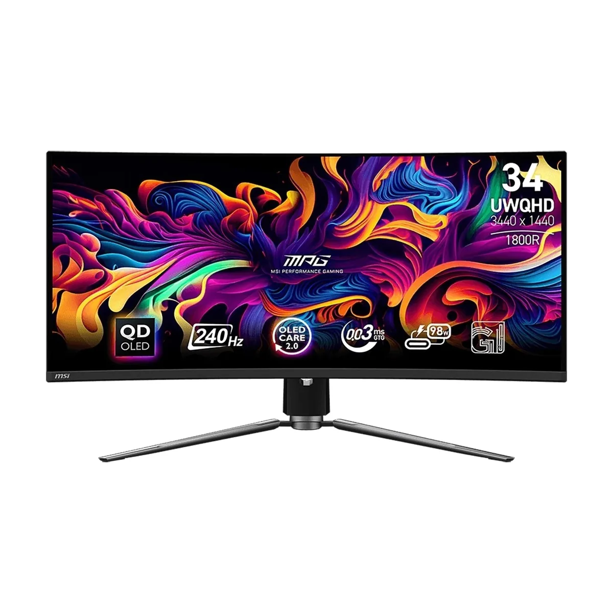 Монитор 34" MSI MPG 341CQPX QD OLED 3440x1440, 240 Гц, 0.03 мс, 21:9, 250 кд/м², 2xHDMI, 1xDP, 2xUSB-A 2.0, 1xUSB-C, 1x3.5 мм, изогнутый R1800, черный