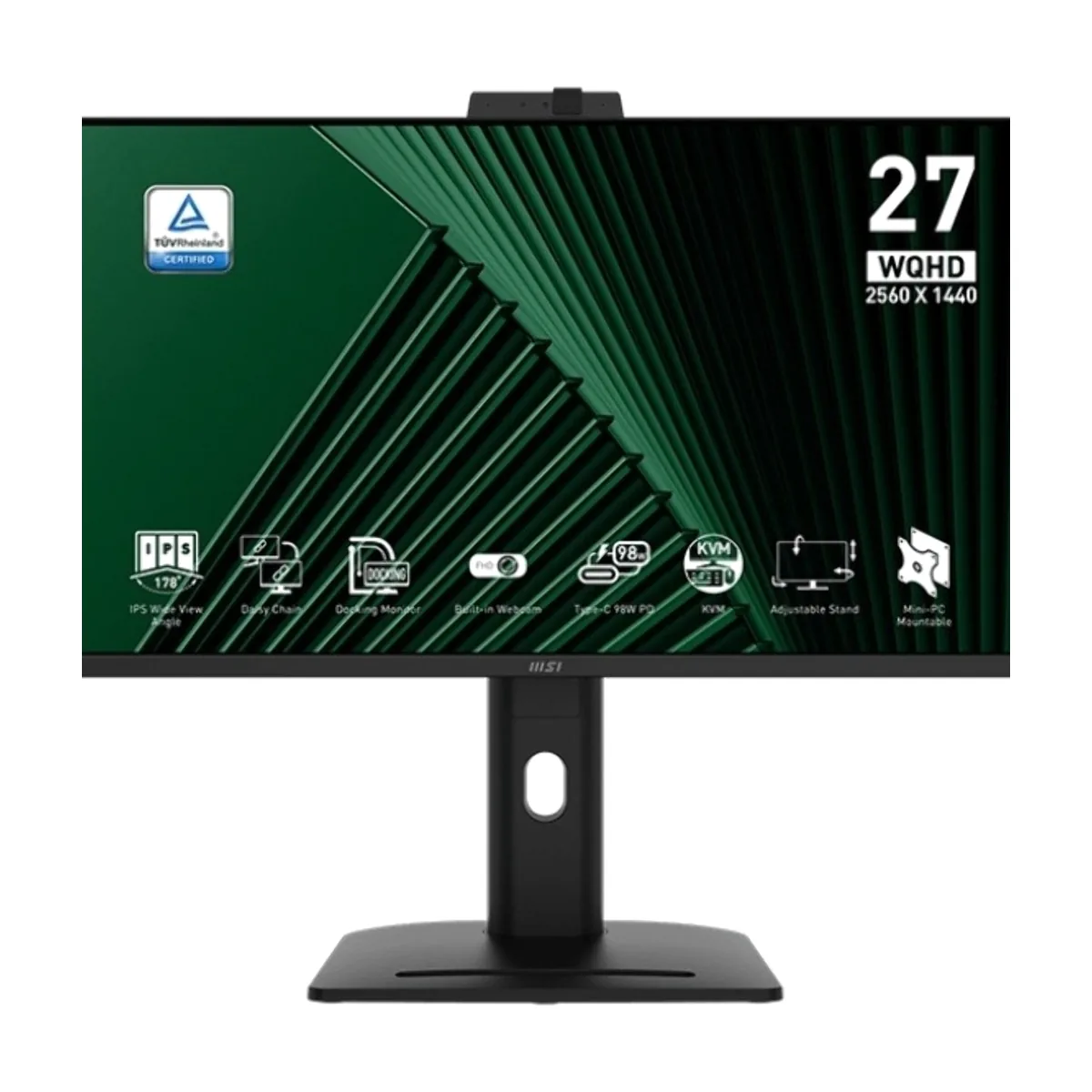 Монитор 27" MSI PRO MP275QPDG IPS 2560x1440, 100 Гц, 4 мс (GtG), 16:9, 250 кд/м², HDMI 2.0b (x2), DisplayPort 1.2a (MST), USB-C (98 Вт), встроенная веб-камера, динамики (2x2 Вт), Flicker Free, Low Blue Light, PIP, CEC, HDR Ready, регулировка по высоте, поворотная подставка, портретный режим, подстав