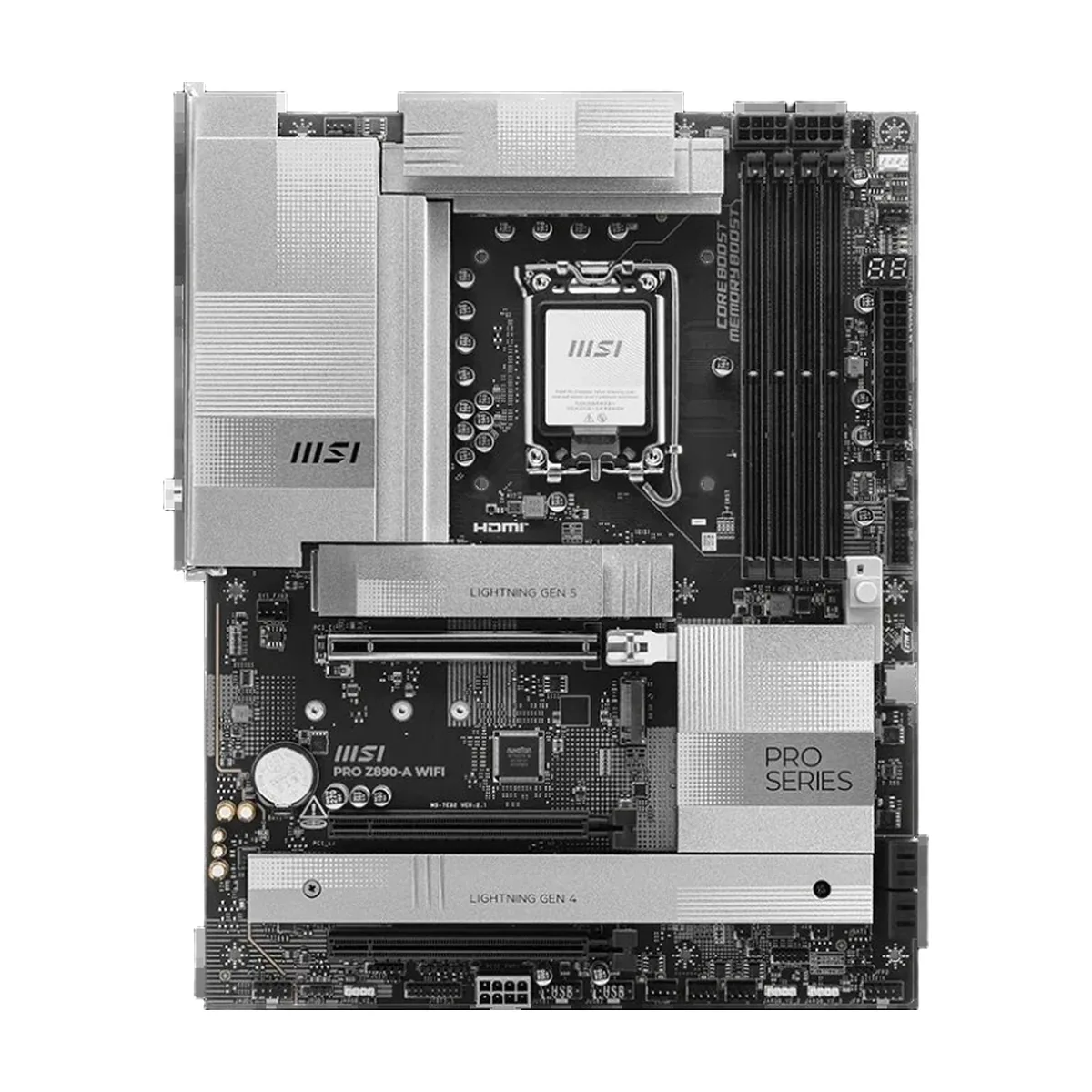 Материнская плата MSI PRO Z890-A WIFI, LGA1851, Intel Z890, 4xDDR5, 4xSATA, 4xM.2, 1xPCIe 5.0 x16, HDMI, USB Type-C, 1x5Gb LAN, Thunderbolt, 2x3.5 мм, 7.1, ATX