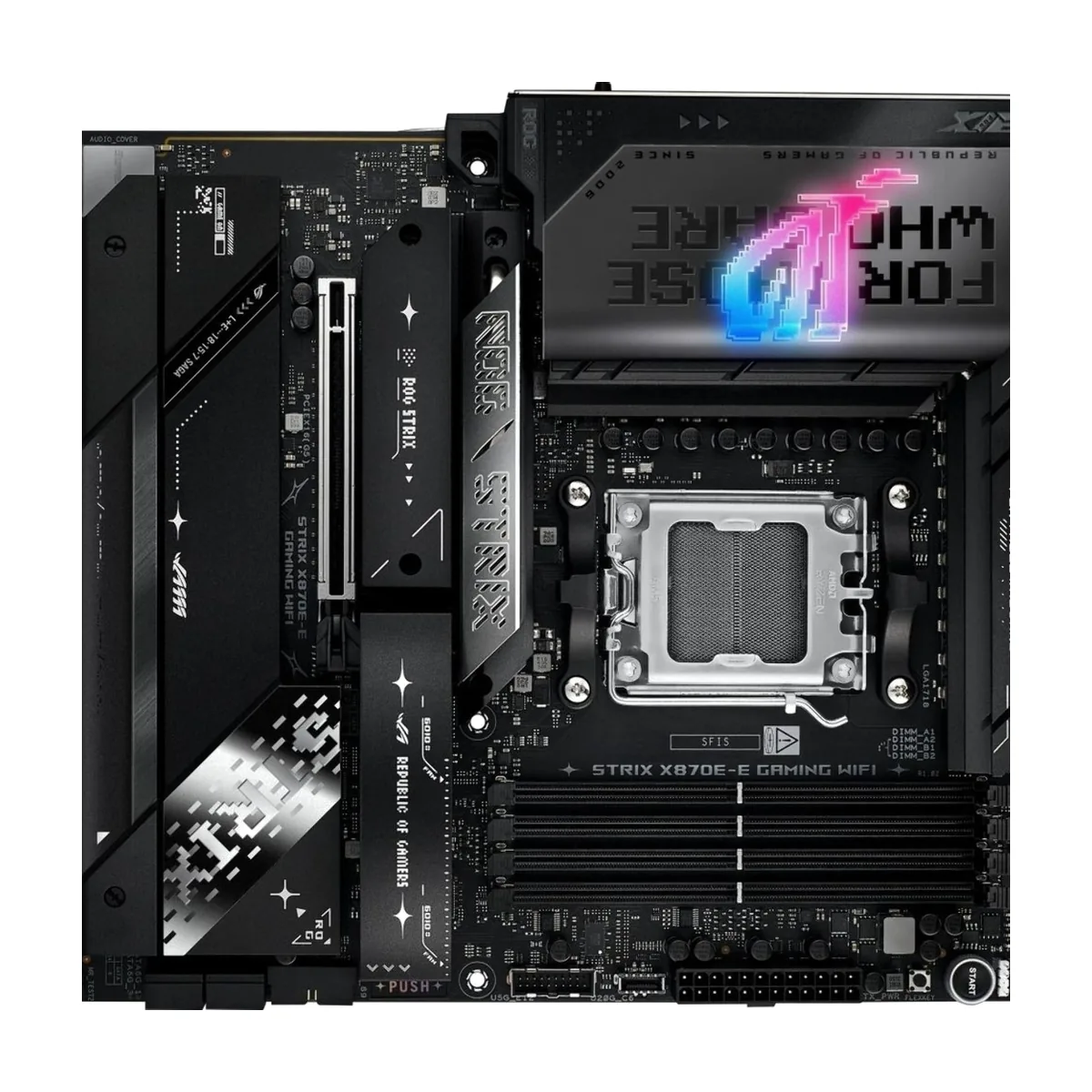 Материнская плата ASUS ROG STRIX X870E-E GAMING WIFI, AM5, AMD X870E, 4xDDR5, 4xSATA, 5xM.2, 2xPCIe 5.0 x16, 1xPCIe 4.0 x4, 1xPCIe 4.0 x1, DisplayPort, HDMI, 1x5Gb LAN, USB Type-C, 5x3.5 мм, 7.1, ATX