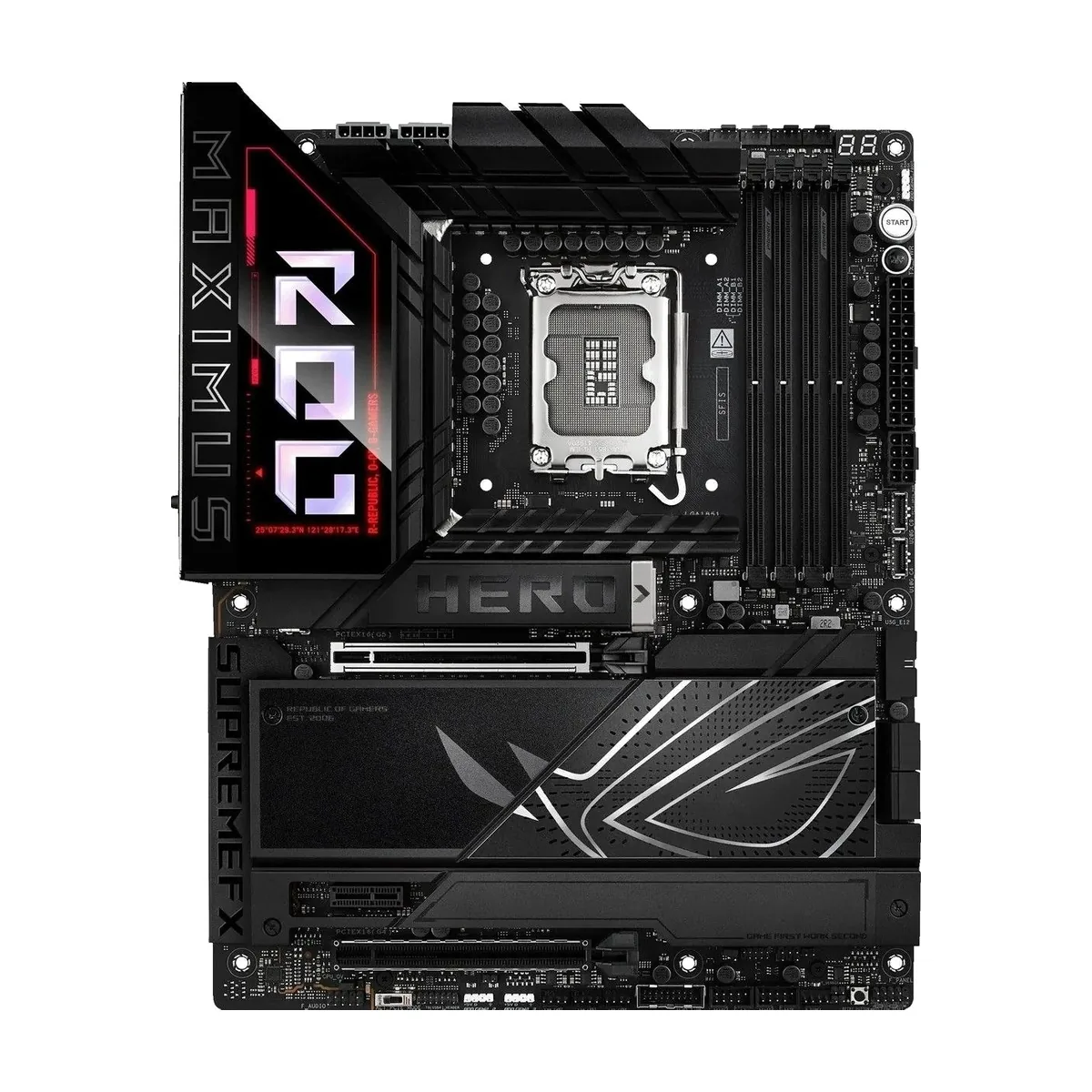 Материнская плата ASUS ROG MAXIMUS Z890 HERO, LGA 1851, Intel Z890, 4xDDR5, 4xSATA, 6xM.2, 1xPCIe 5.0 x16, 1xPCIe 4.0 x4, 1xPCIe x1, 1xHDMI, 2xUSB-C (видеовыход), 4xUSB-A 3.2 Gen 1, 4xUSB-A 3.2 Gen 2, 1xUSB-C 3.2 Gen 2, 2xUSB-C Thunderbolt 4, 2x 5Gb LAN, 2x3.5 мм, 7.1, ATX
