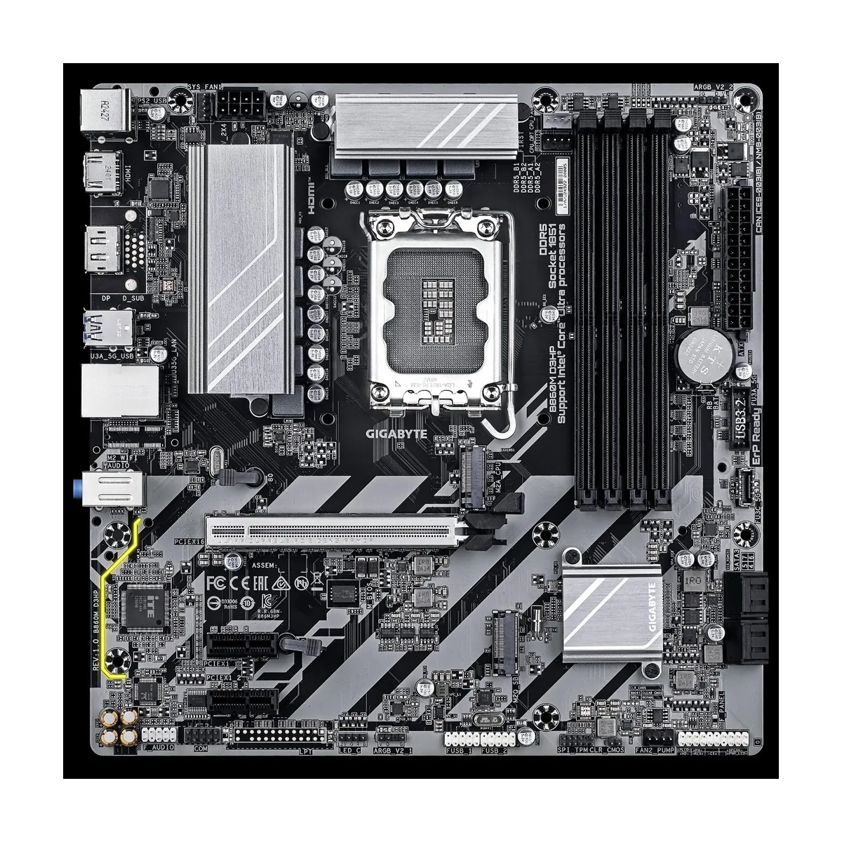 Материнская плата GIGABYTE B860M D3HP, LGA1851, Intel B860, 4xDDR5, 4xSATA, 2xM.2, 1xPCIe 5.0 x16, DisplayPort, HDMI, 1x1Gb LAN, 3x3.5 мм, 7.1, microATX