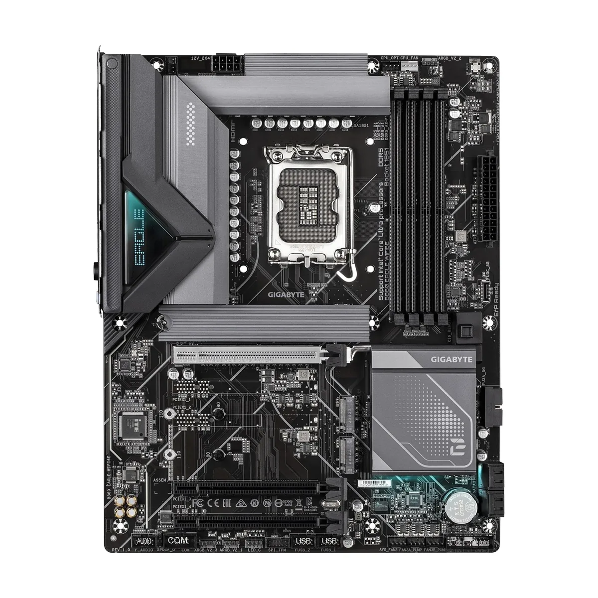 Материнская плата GIGABYTE B860 EAGLE WIFI6E, LGA1851, Intel B860, 4xDDR5, 4xSATA, 3xM.2, 1xPCIe 5.0 x16, DisplayPort, HDMI, 1x2.5Gb LAN, USB Type-C, 3x3.5 мм, 7.1, ATX