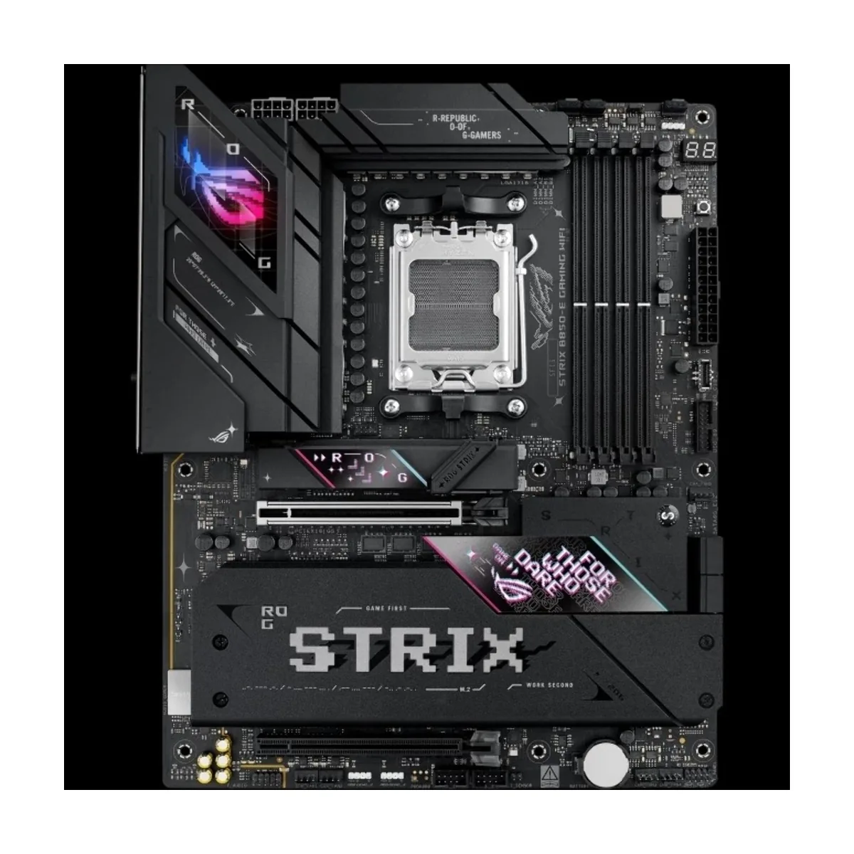 Материнская плата ASUS ROG STRIX B850-E GAMING WIFI, AM5, AMD B850, 4xDDR5, 4xSATA, 5xM.2, 1xPCIe 5.0 x16, 1xPCIe 4.0 x16, DisplayPort, HDMI, 1x5Gb LAN, USB Type-C, 3x3.5 мм, 7.1, ATX