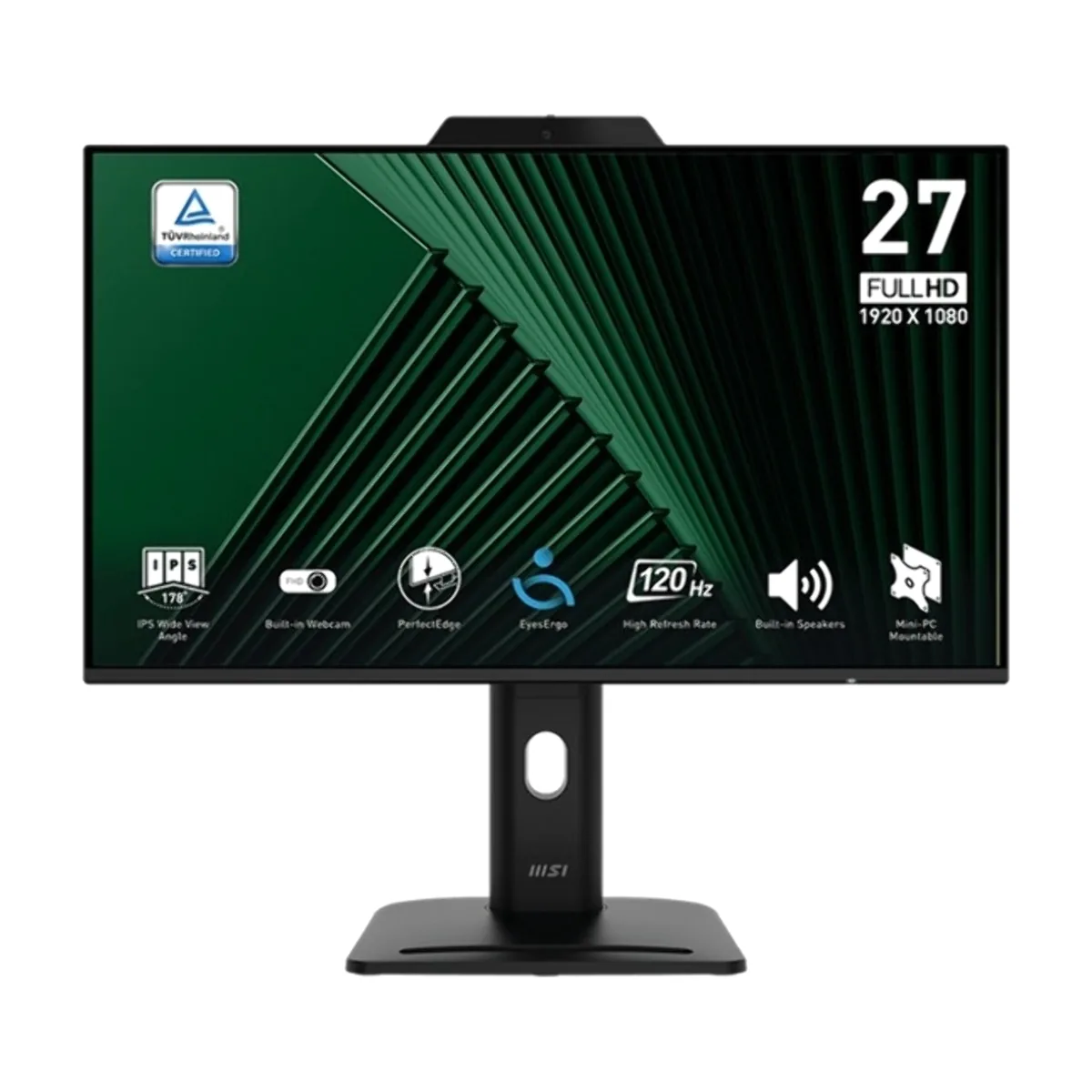 Монитор 27" MSI PRO MP272PMG IPS 1920x1080, 120 Гц, 4 мс (GtG), 16:9, 300 кд/м², HDMI, DisplayPort 1.2a, VGA, встроенная веб-камера, динамики (2x2 Вт), Flicker Free, Low Blue Light, HDR Ready, CEC, регулировка по высоте, поворотная подставка, портретный режим, подставка для телефона, черный