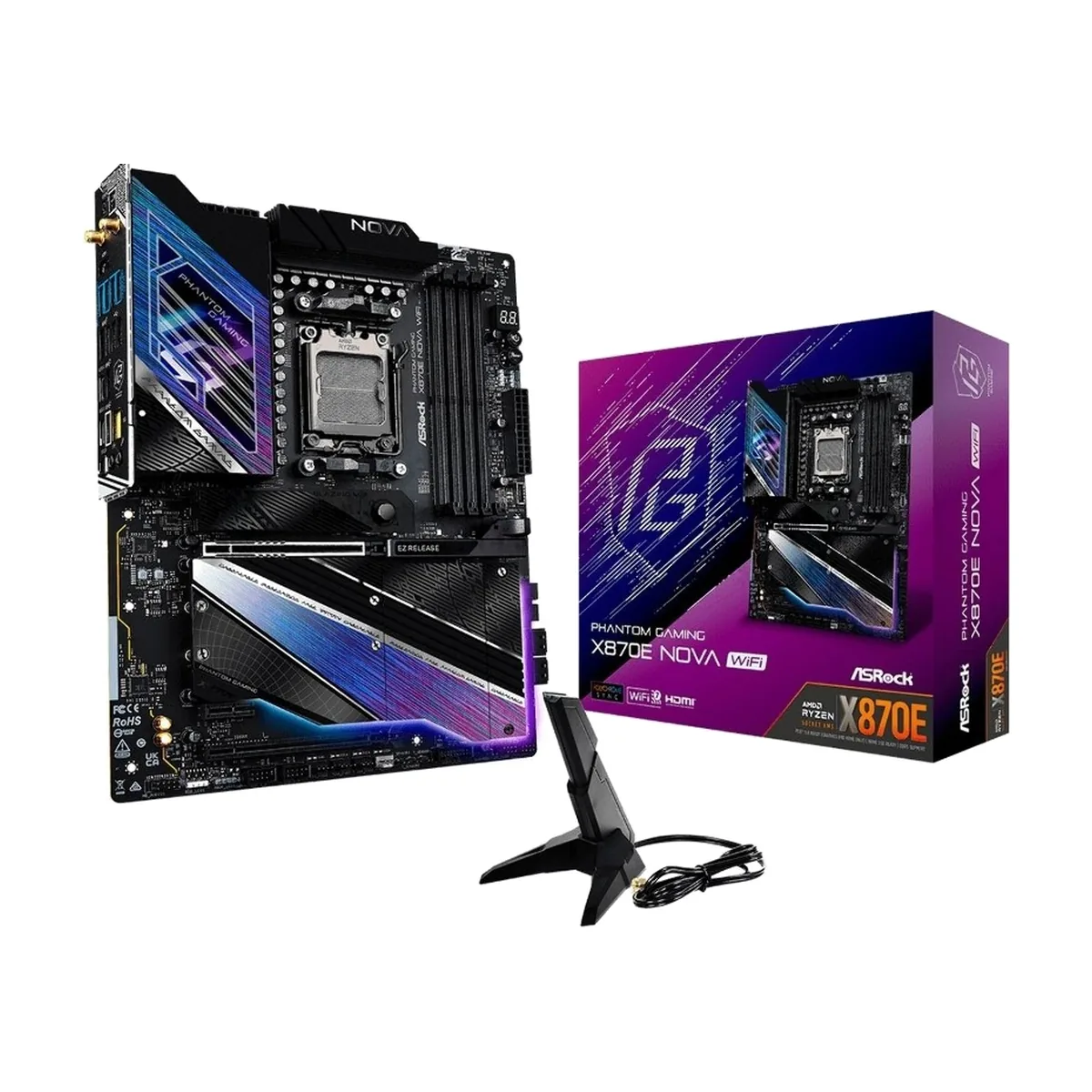 Материнская плата ASRock X870E NOVA WIFI, AM5, AMD X870E, 4xDDR5, 4xSATA, 1xPCIe 5.0 x16, 1xPCIe 3.0 x16, 1xPCIe 3.0 x1, 1xHDMI, 2xUSB4 Type-C, 5xUSB 3.2 Gen2, 3xUSB 3.2 Gen1, 1x 5Gb LAN, 3x3.5 мм, 7.1, ATX