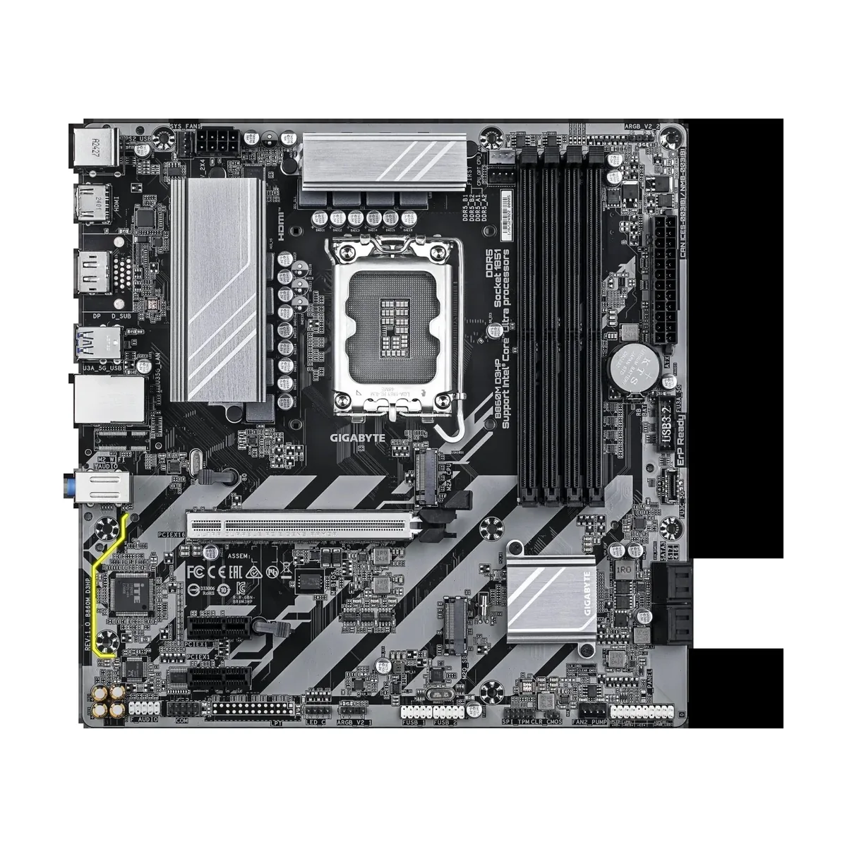 Материнская плата GIGABYTE B860M DS3H WIFI6E, LGA1851, Intel B860, 4xDDR5, 4xSATA, 2xM.2, 1xPCIe 5.0 x16, DisplayPort, HDMI, 1x2.5Gb LAN, 3x3.5 мм, 7.1, microATX