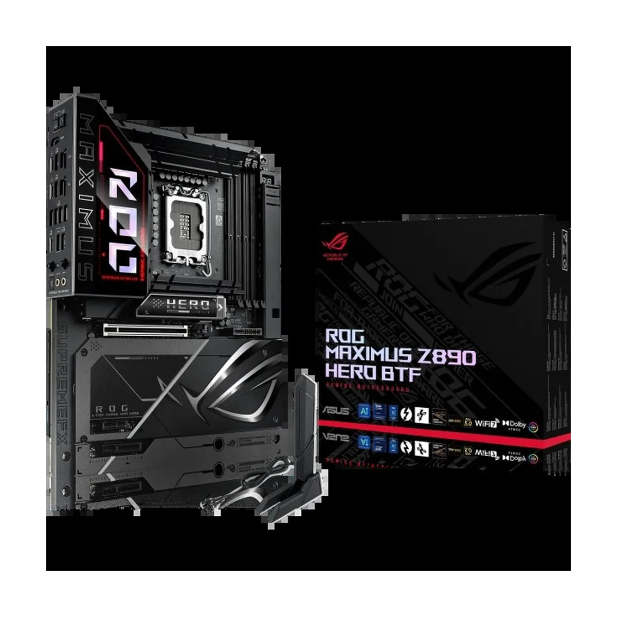Материнская плата ASUS ROG MAXIMUS Z890 HERO BTF, LGA1851, Intel Z890, 4xDDR5, 4xSATA, 6xM.2, 1xPCIe 5.0 x16, 1xPCIe 4.0 x4, 1xPCIe x1, 1xHDMI, 2xUSB-C (Thunderbolt 4), 1xUSB-C 3.2 Gen 2, 4xUSB-A 3.2 Gen 2, 4xUSB-A 3.2 Gen 1, 2x2.5Gb LAN, Wi-Fi 7, Bluetooth 5.4, 2x3.5 мм, S/PDIF, 7.1, ATX