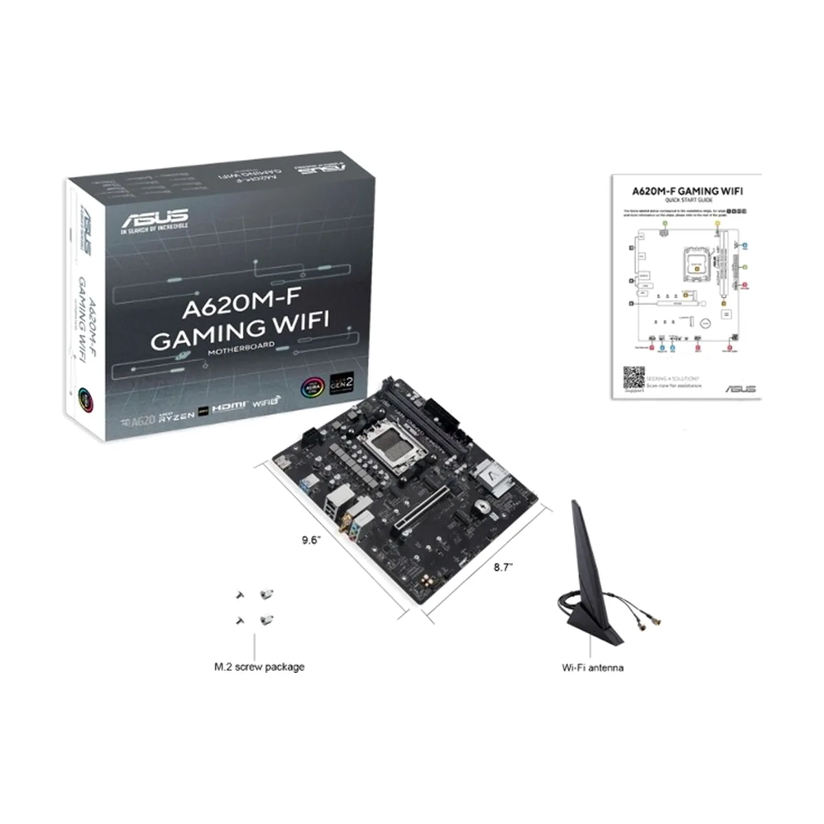 Материнская плата ASUS A620M-F GAMING WIFI, AM5, AMD A620, 2xDDR5, 4xSATA, 2xM.2, 1xPCIe 4.0 x16, 1xPCIe 3.0 x1, HDMI, 1x2.5Gb LAN, 4xUSB, 3x3.5 мм, 7.1, microATX