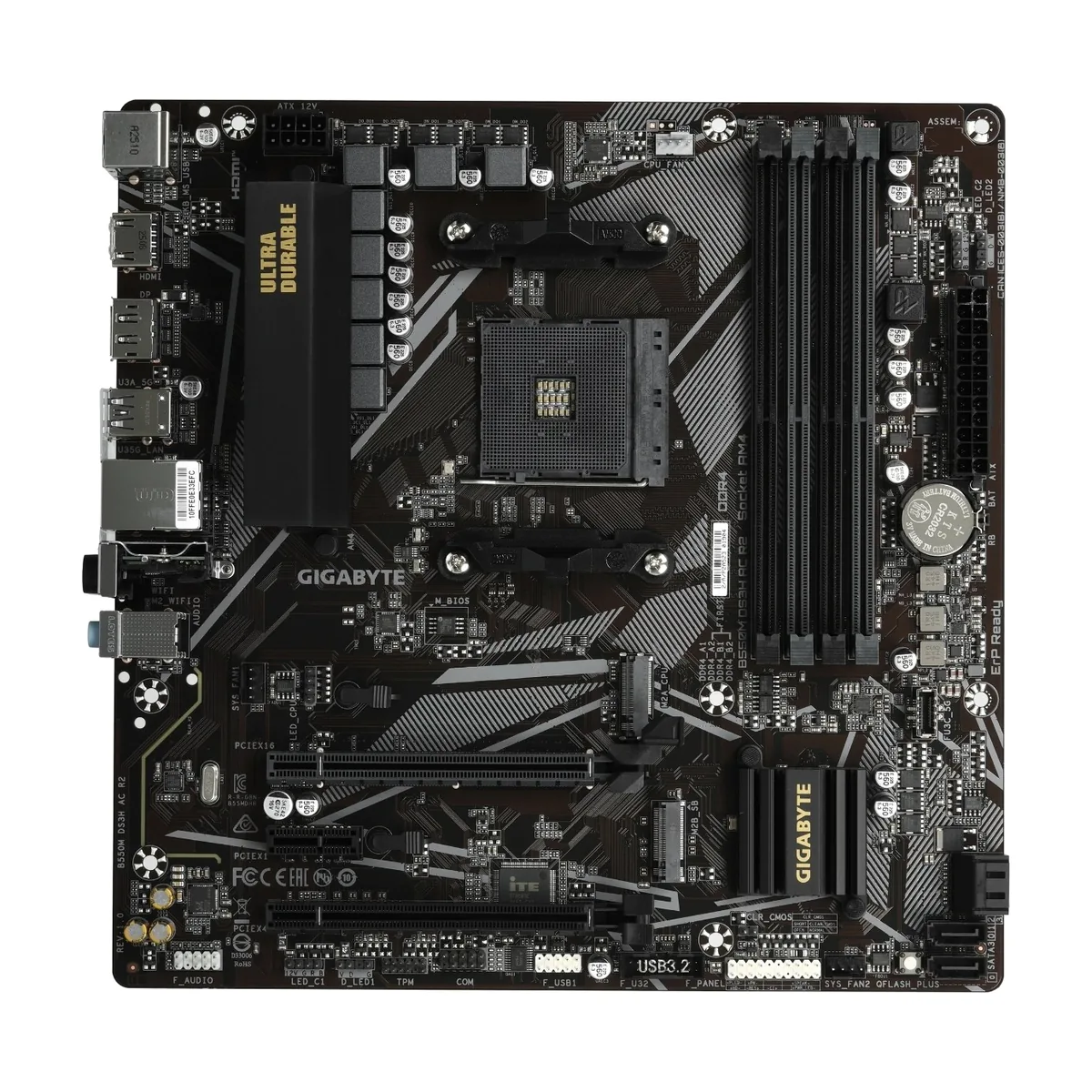 Материнская плата Gigabyte B550M DS3H AC R2, AM4, AMD B550, 4xDDR4, 4xSATA, 2xM.2, 2xPCIe x16, DisplayPort, HDMI, 1xGb LAN, 6xUSB, 3x3.5 мм, 7.1, microATX