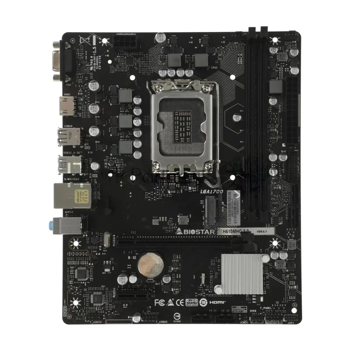 Материнская плата Biostar H610MHC 2.0, LGA1700, Intel H610, 2xDDR4, 4xSATA, 1xM.2 PCIe 3.0 x4, 1xPCIe 4.0 x16, 1xPCIe 3.0 x1, 1xVGA, 1xHDMI, 1x 1Gb LAN, 2xUSB 3.2 Gen1, 4xUSB 2.0, 3x3.5 мм, 7.1, microATX