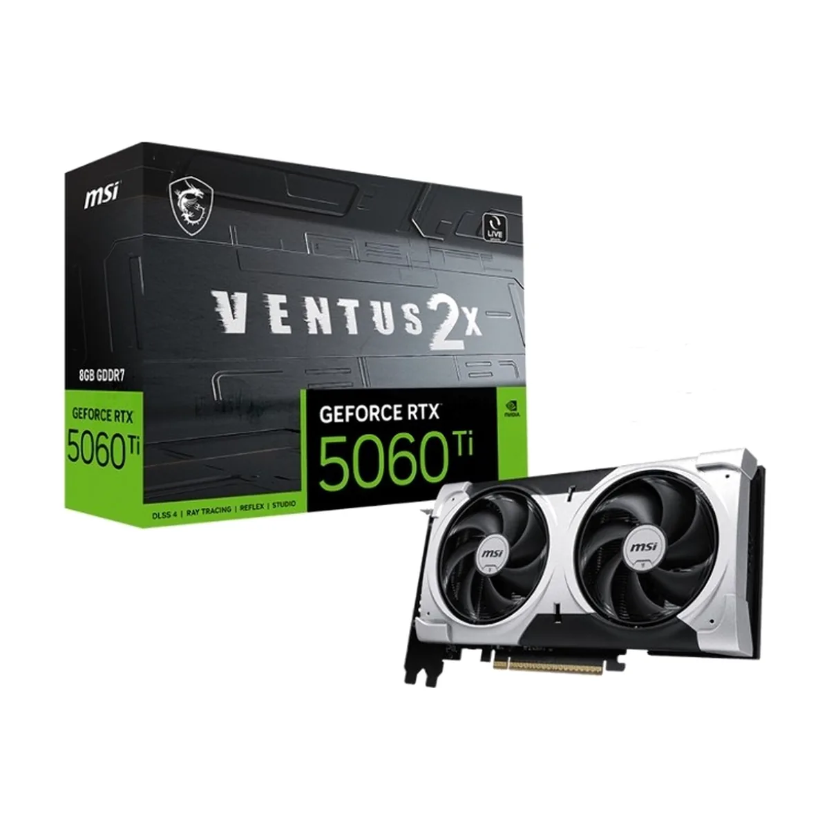 Видеокарта MSI RTX 5060 TI 8G VENTUS 2X PLUS, NVIDIA RTX 5060 Ti, 8 ГБ GDDR7, 128 бит, PCI-e 5.0, 1xHDMI, 3xDP, 2587 МГц