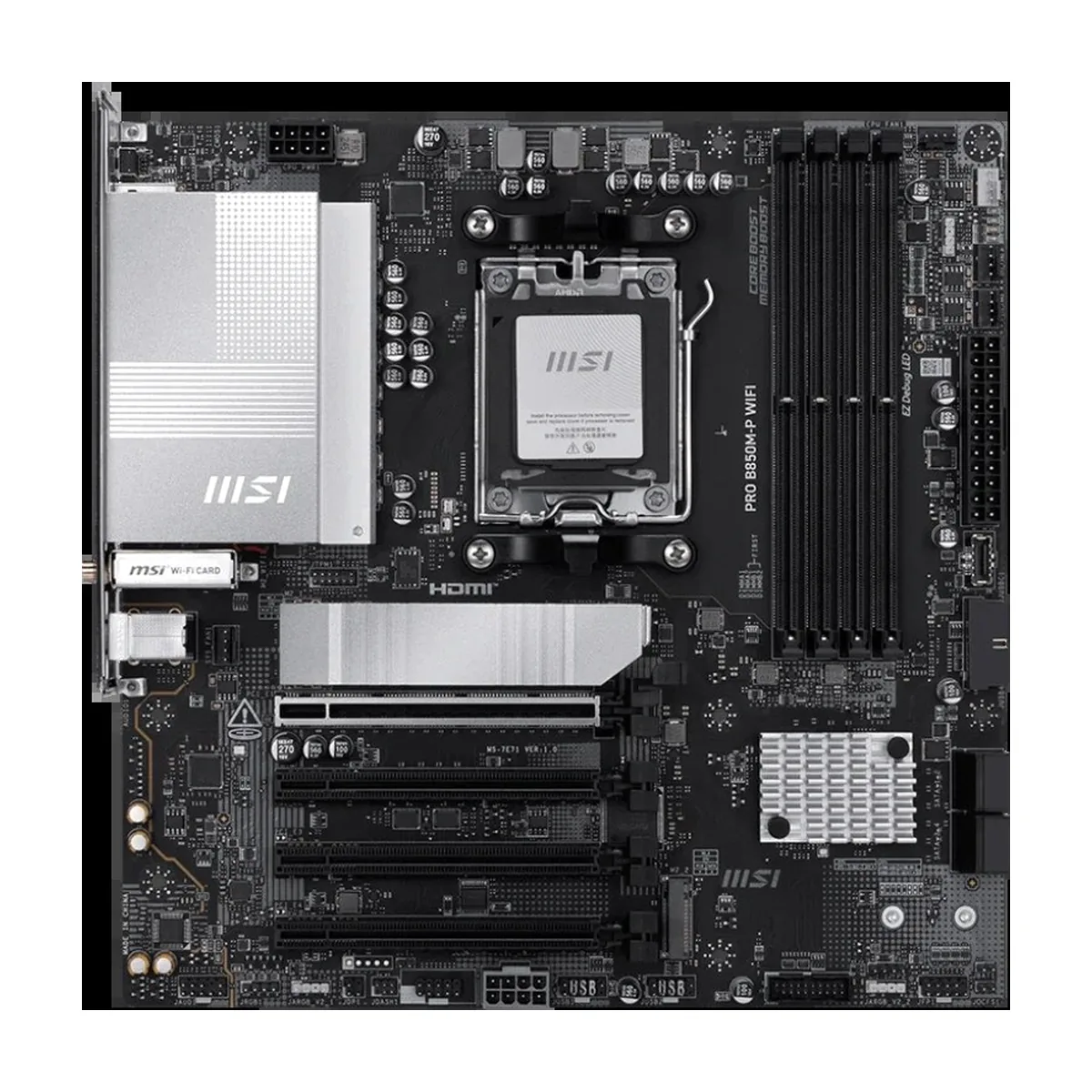 Материнская плата MSI PRO B850M-P WIFI, AM5, AMD B850, 4xDDR5, 4xSATA, 3xM.2, 1xPCIe 5.0 x16, DisplayPort, HDMI, 1x5Gb LAN, USB Type-C, 3x3.5 мм, 7.1, microATX