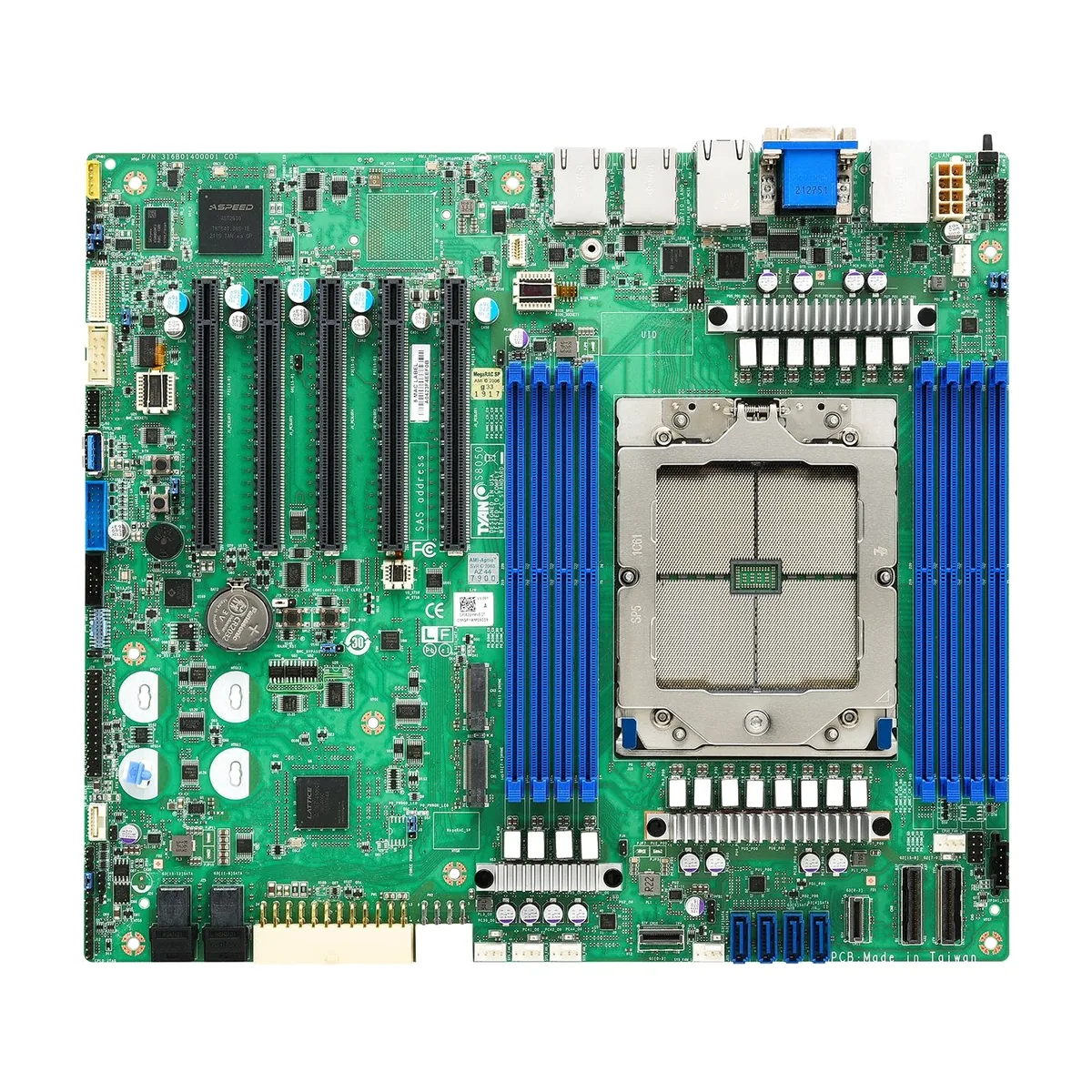 Материнская плата Tyan S8050GM2NE, SP5, SoC, 8xDDR5 RDIMM, 12xSATA 6Gb/s, 2xM.2 PCIe 4.0, 5xPCIe 5.0 x16, 1xVGA, 3x 1Gb LAN, 2xUSB 3.2 Gen1, CEB