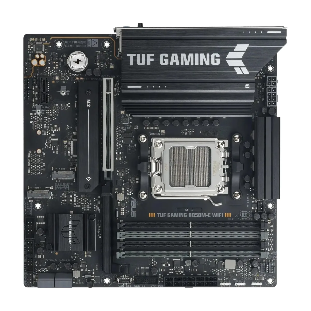 Материнская плата ASUS TUF GAMING B850M-E WIFI, AM5, AMD B850, 4xDDR5, 4xSATA, 3xM.2, 1xPCIe 5.0 x16, 1xPCIe 3.0 x1, 1xHDMI, 2xDP, 1x2.5Gb LAN, Wi-Fi 6E, Bluetooth 5.3, 1xUSB-C 10Gbps, 1xUSB-A 10Gbps, 2xUSB-A 5Gbps, 4xUSB-A 2.0, 3x3.5 мм, 7.1, mATX