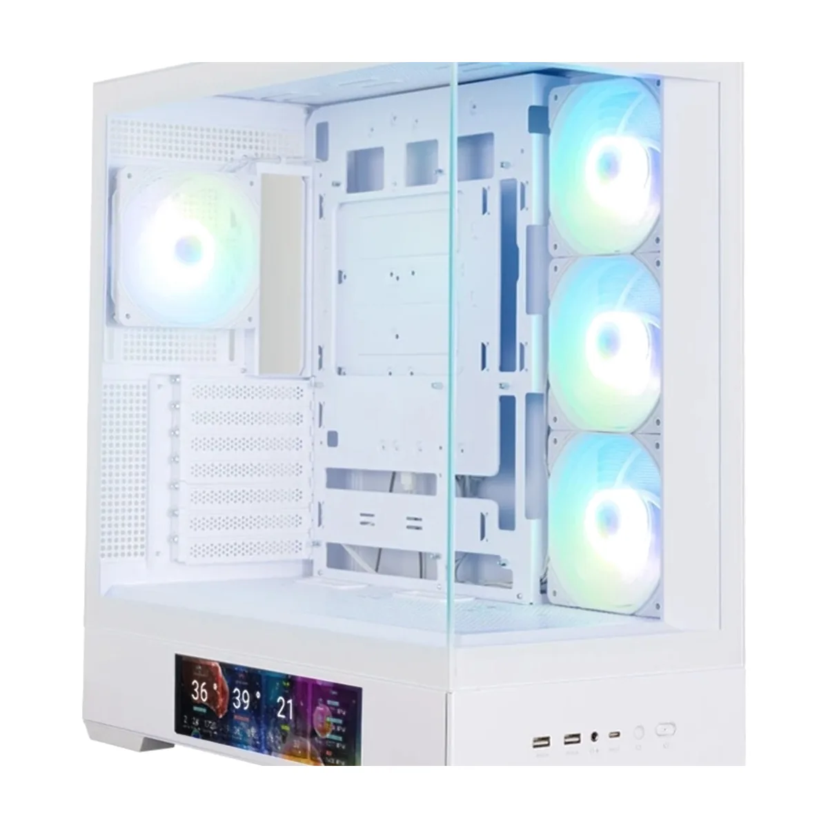 Компьютерный корпус ZALMAN P40 DS, ATX, белый, WINDOW, 9.1-inch LCD screen, 2xCombo(2.5” or 3.5”), 1x2.5”, 1xUSB TYPE-C, 2xUSB 3.0, SIDE 3x120мм ARGb, REAR 1x120мм ARGb