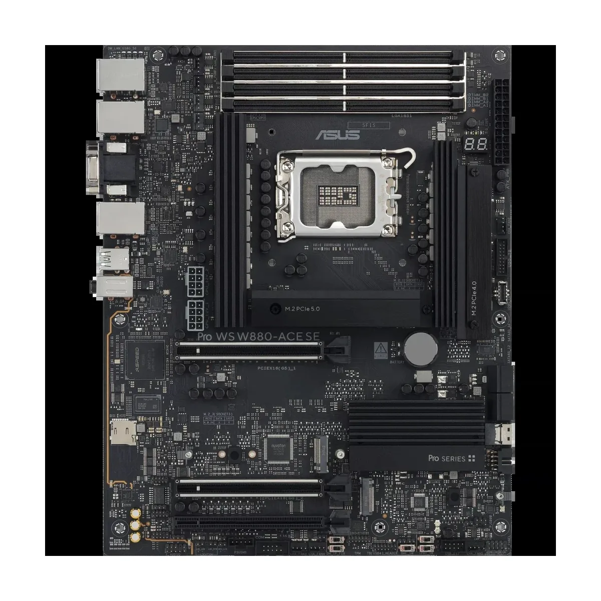 Материнская плата ASUS Pro WS W880-ACE SE, LGA1851, Intel W880, 4xDDR5, 4xSATA, 4xM.2, 1xPCIe 5.0 x16, HDMI, D-Sub, 3x2.5Gb LAN, USB Type-C, 2x3.5 мм, 7.1, ATX