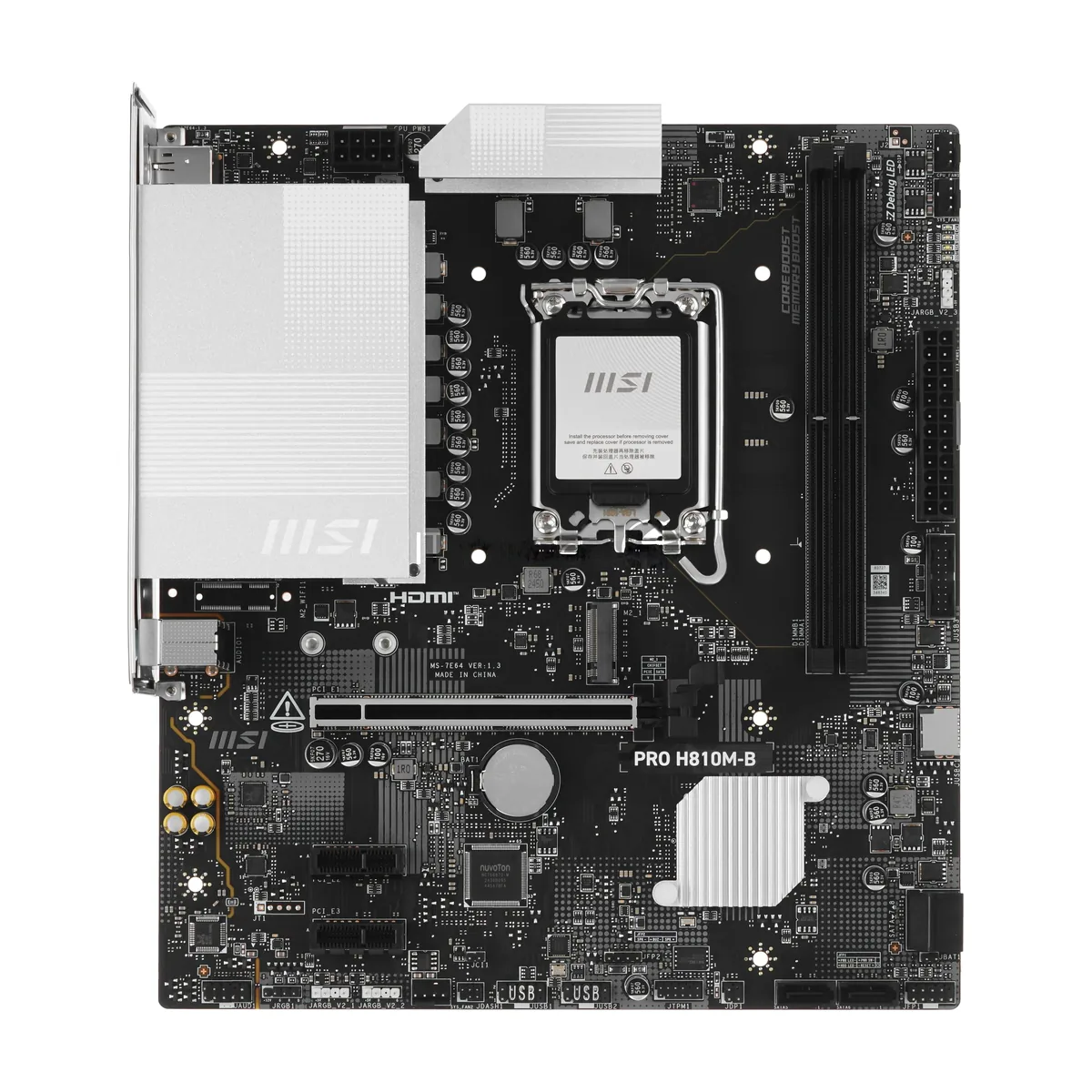 Материнская плата MSI PRO H810M-B, LGA1851, Intel H810, 2xDDR5, 4xSATA, 1xM.2, 1xPCIe 5.0 x16, DisplayPort, HDMI, 1x2.5Gb LAN, 3x3.5 мм, 7.1, microATX