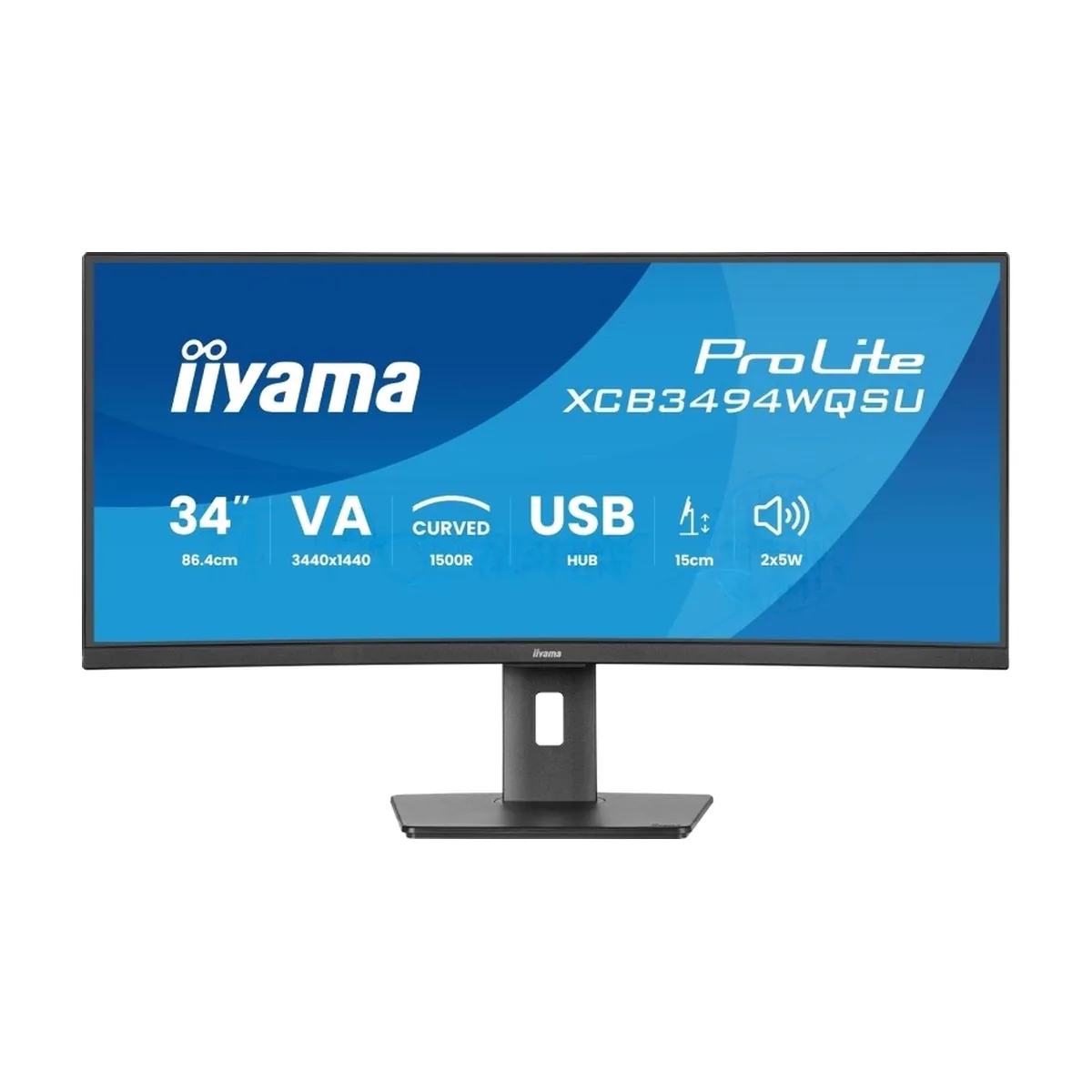 Монитор 34" Iiyama ProLite XCB3497WQSNPH-B1 VA 3440x1440, 120 Гц, 0.4 мс, 21:9, 350 кд/м², HDMI 2.0, HDMI 1.4, DP 1.4, USB-C (95 Вт), 3.5 Jack, USB Hub (4x USB 3.0), Ethernet, динамики (2x5 Вт), веб-камера (5 Мп), FreeSync Premium, изогнутый экран (1500R), черный