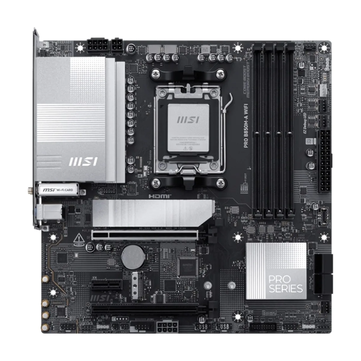 Материнская плата MSI PRO B850M-A WIFI PZ, AM5, AMD B850, 4xDDR5, 4xSATA, 2xM.2, 1xPCIe 5.0 x16, DisplayPort, HDMI, 1x5Gb LAN, USB Type-C, 3x3.5 мм, 7.1, microATX