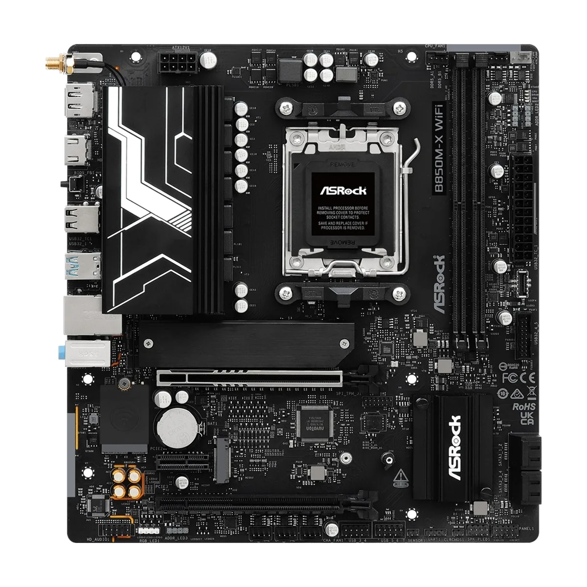 Материнская плата ASROCK B850M-X WIFI R2.0, AM5, AMD B850, 2xDDR5, 4xSATA, 2xM.2, 1xPCIe 5.0 x16, 1xPCIe 4.0 x4, 1xPCIe 3.0 x1, 1xDP, 1xHDMI, 1x2.5Gb LAN, Wi-Fi 6E, BT 5.2, 1xUSB-C 5Gbps, 3xUSB-A 5Gbps, 2xUSB-A 2.0, 3x3.5 мм, 7.1, mATX