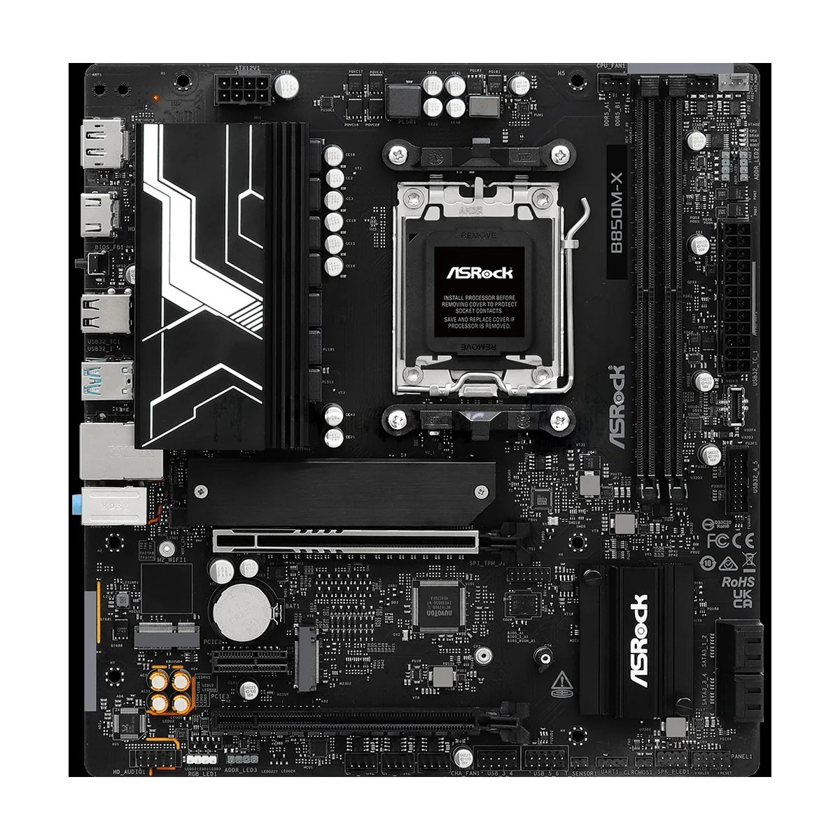 Материнская плата ASRock B850M-X R2.0, AM5, AMD B850, 2xDDR5, 4xSATA, 2xM.2, 1xPCIe 5.0 x16, DisplayPort, HDMI, 1x2.5Gb LAN, USB Type-C, 3x3.5 мм, 7.1, microATX