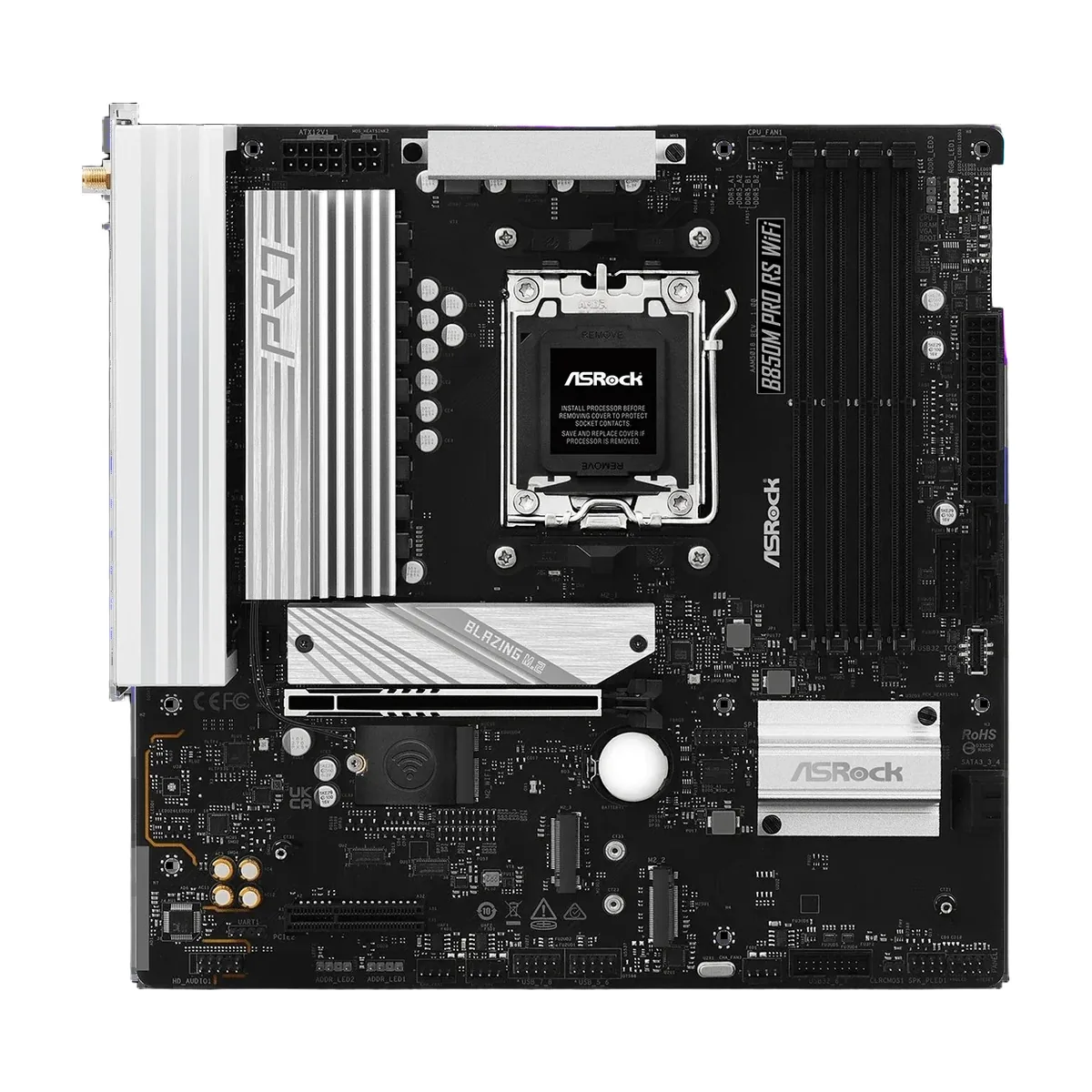 Материнская плата ASRock B850M PRO RS WIFI, AM5, AMD B850, 4xDDR5, 4xSATA, 3xM.2, 1xPCIe 5.0 x16, 1xPCIe 3.0 x4, 1xDP, 1xHDMI, 1x2.5Gb LAN, Wi-Fi 6E, Bluetooth 5.2, 1xUSB-C 10Gbps, 1xUSB-A 10Gbps, 2xUSB-A 5Gbps, 4xUSB-A 2.0, 3x3.5 мм, 7.1, mATX