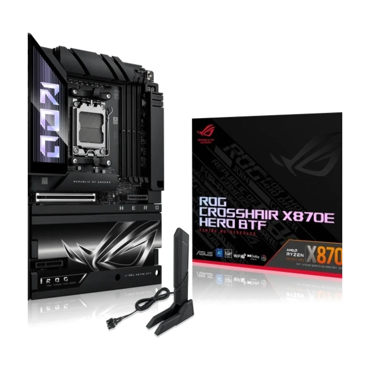 Материнская плата ASUS ROG CROSSHAIR X870E HERO BTF, AM5, AMD X870E, 4xDDR5, 4xSATA, 5xM.2, 1xPCIe 5.0 x16, 1xPCIe 4.0 x4, 1xHDMI, 1x2.5Gb LAN, 1x5Gb LAN, Wi-Fi 7, Bluetooth 5.4, 2xUSB-C 40Gbps (USB4 / Gen3x2), 2xUSB-C 20Gbps (USB 3.2 Gen2x2), 6xUSB-A 10Gbps, 3x3.5 мм, 7.1, ATX