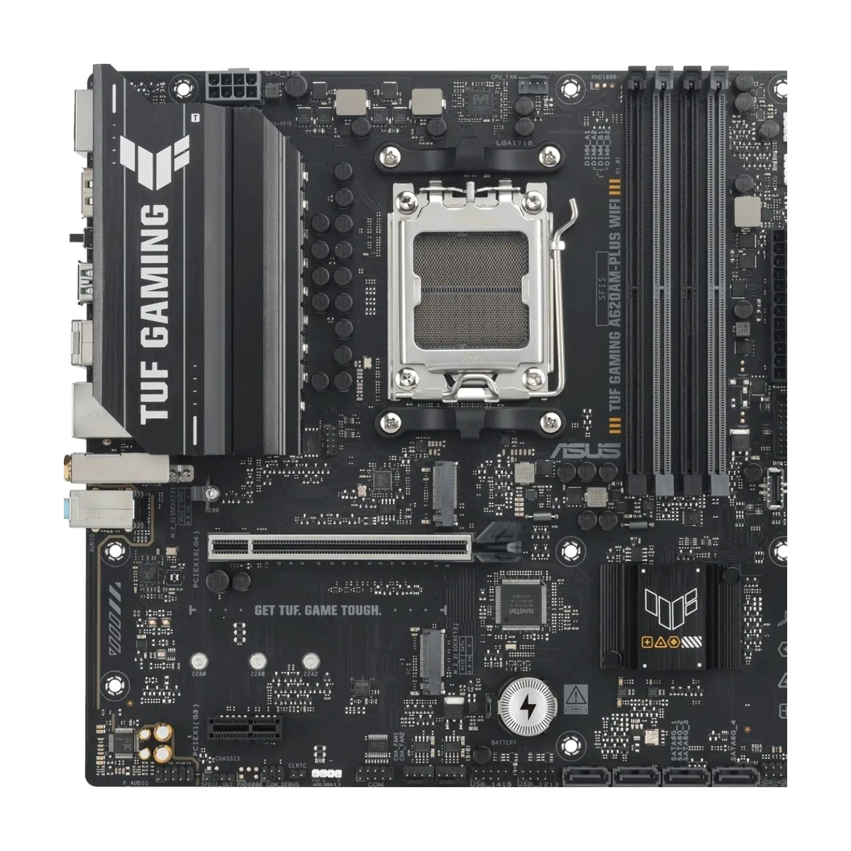 Материнская плата ASUS TUF GAMING A620M-A PLUS WIFI, AM5, AMD A620A, 4xDDR5, 4xSATA, 2xM.2, 1xPCIe 4.0 x16, 1xPCIe 3.0 x1, 1xHDMI, 2xDP, 1x2.5Gb LAN, Wi-Fi 6, Bluetooth 5.3, 2xUSB-A 10Gbps, 4xUSB-A 2.0, 3x3.5 мм, 7.1, mATX
