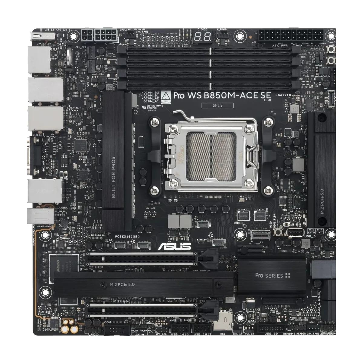 Материнская плата ASUS PRO WS B850M-ACE SE, AM5, AMD B850, 4xDDR5, 4xSATA, 2xM.2, 1xPCIe 5.0 x16, 1xPCIe 4.0 x16, 1xVGA, 1xHDMI, 1xDP, 1x2.5Gb LAN, 1x10Gb LAN, 2xUSB-C 10Gbps, 3xUSB-A 10Gbps, 2xUSB-A 2.0, 7.1, mATX