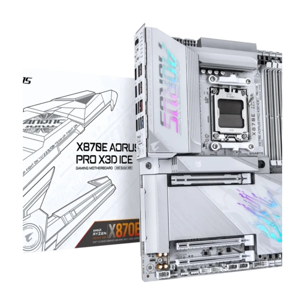 Материнская плата Gigabyte X870E AORUS PRO X3D ICE, AM5, AMD X870E, 4xDDR5, 4xSATA, 4xM.2, 1xPCIe 5.0 x16, 1xPCIe 4.0 x16, 1xPCIe 3.0 x16, 1xHDMI, 1x5Gb LAN, Wi-Fi 7, Bluetooth 5.4, 2xUSB-C 40Gbps (USB4), 2xUSB-C 10Gbps, 5xUSB-A 10Gbps, 3xUSB-A 5Gbps, 3x3.5 мм + S/PDIF оптический, 7.1, белый, ATX