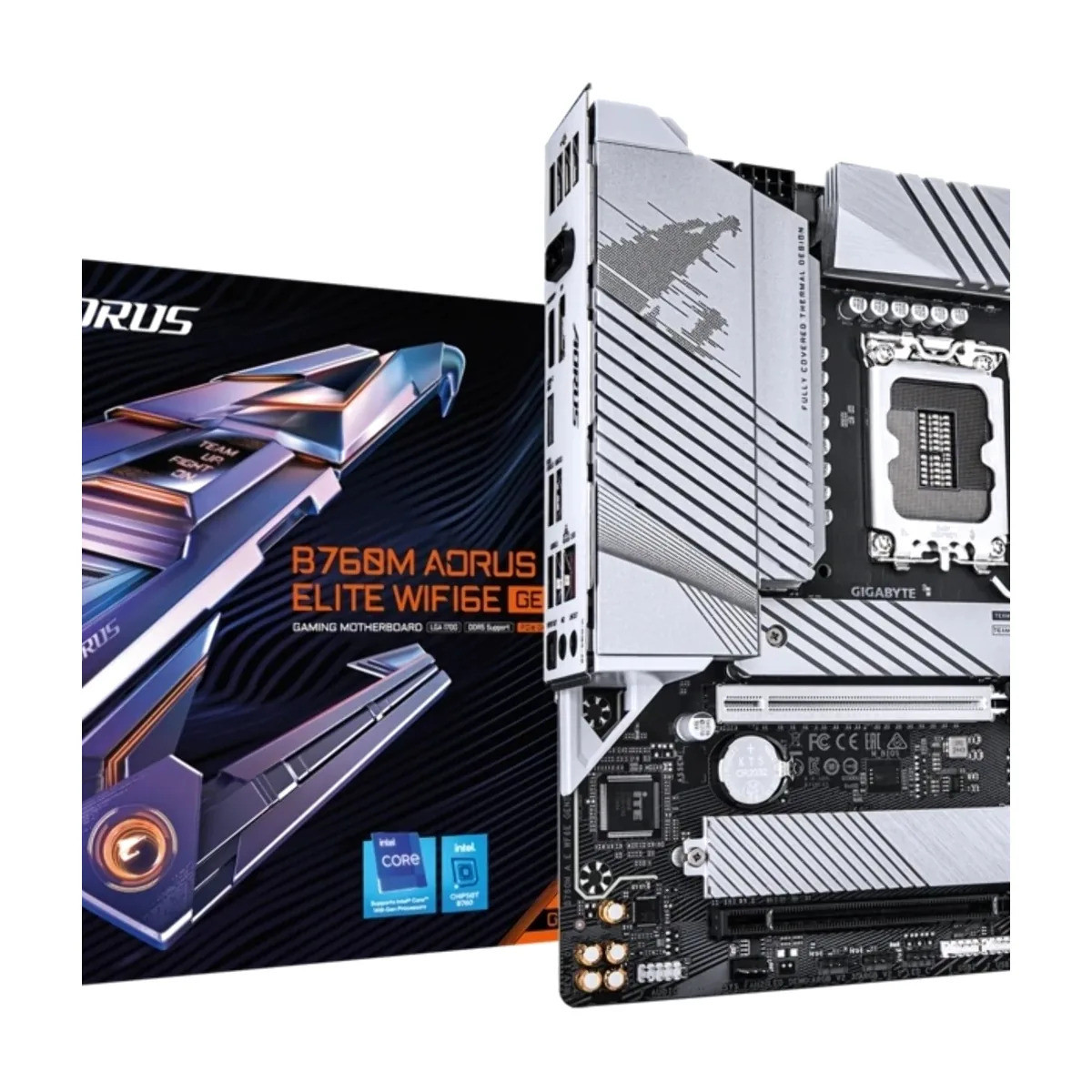 Материнская плата Gigabyte B760M AORUS ELITE WIFI6E GEN5, LGA 1700, Intel B760, 4xDDR5, 4xSATA, 2xM.2, 1xPCIe 5.0 x16, 1xPCIe 4.0 x16, 1xHDMI, 1xDP, 1x2.5Gb LAN, Wi-Fi 6E, Bluetooth 5.3, 1xUSB-C 20Gbps, 1xUSB-A 10Gbps, 3xUSB-A 5Gbps, 4xUSB-A 2.0, 3x3.5 мм + S/PDIF оптический, 7.1, mATX