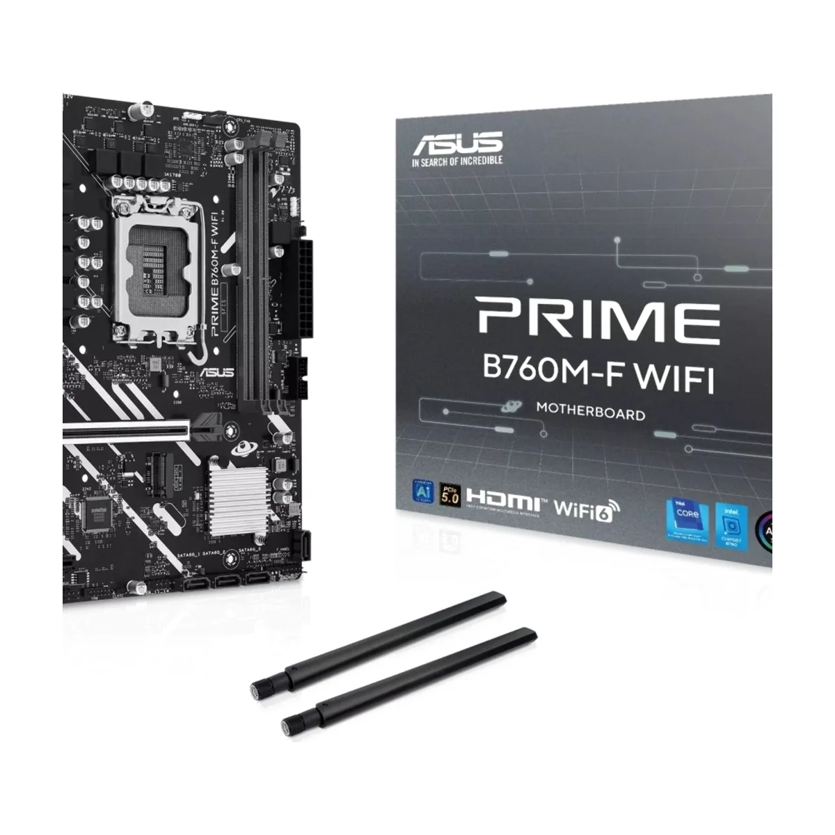 Материнская плата ASUS PRIME B760M-F WIFI, LGA 1700, Intel B760, 2xDDR5, 4xSATA, 2xM.2, 1xPCIe 5.0 x16, 1xPCIe 3.0 x1, 1xHDMI, 1xDP, 1x1Gb LAN, Wi-Fi 6, Bluetooth 5.3, 4xUSB-A 5Gbps, 2xUSB-A 2.0, 3x3.5 мм, 7.1, mATX