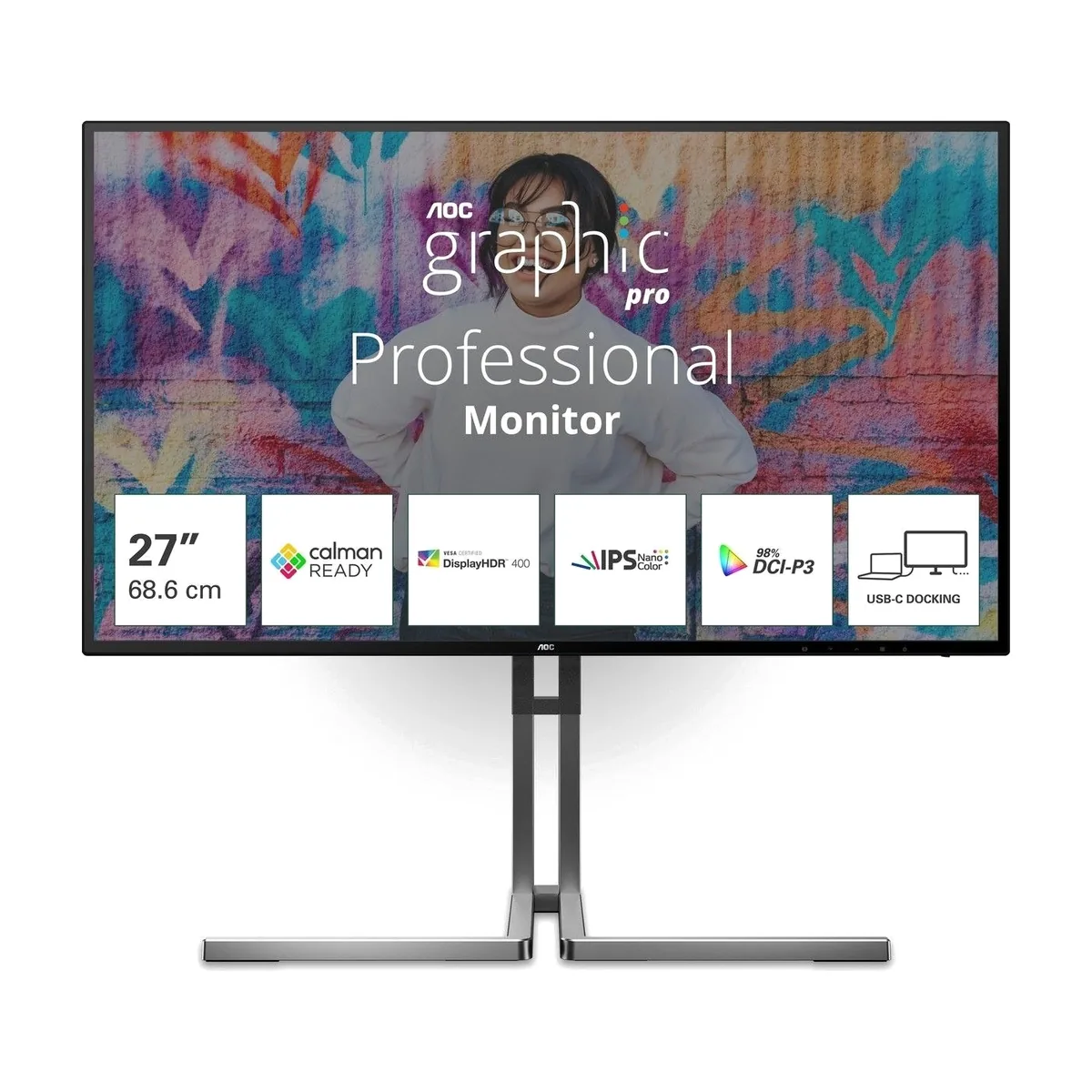 Монитор 27" AOC U27U3CV Nano IPS 3840x2160, 60 Гц (75 Гц макс.), 4 мс, 16:9, 400 кд/м², 2×HDMI 2.0, DP 1.4, USB-C (96 Вт PD), USB Hub (4×USB 3.2 Gen2 + 1×USB-C), RJ-45, 3.5 Jack, динамики (2×3 Вт), DisplayHDR 400, Adaptive-Sync, KVM, черный