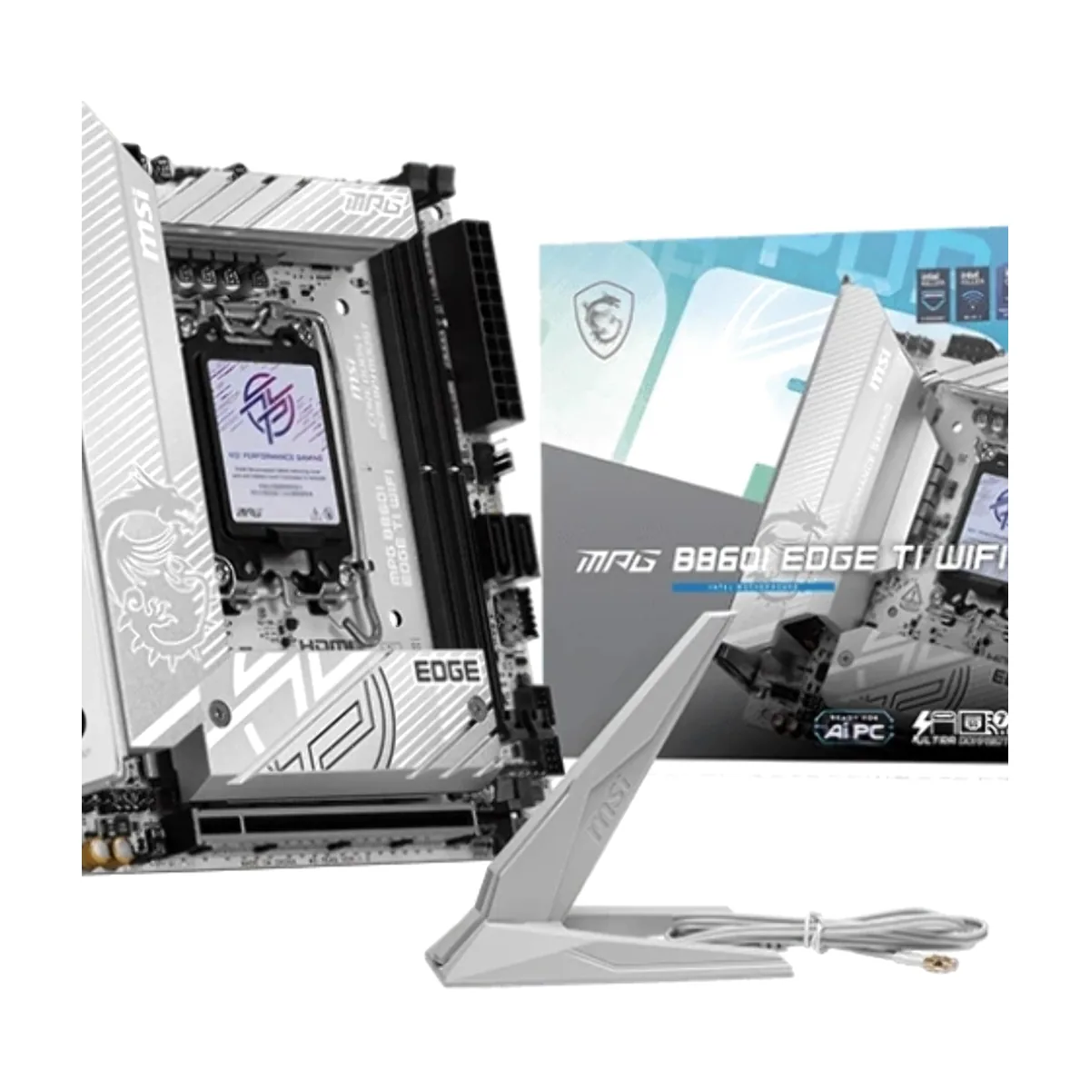 Материнская плата MSI MPG B860I EDGE TI WIFI, LGA 1851, Intel B860, 2xDDR5 (до 128 ГБ), 2xSATA, 2xM.2 (1xPCIe 5.0, 1xPCIe 4.0/SATA), 1xPCIe 5.0 x16, 1xHDMI, 1x5Gb LAN, Wi-Fi 7, Bluetooth 5.4, 1xUSB-C 40Gbps (Thunderbolt 4), 1xUSB-C 10Gbps, 1xUSB-A 10Gbps, 4xUSB-A 5Gbps, 2xUSB-A 2.0, 3x3.5 мм + S/PDI