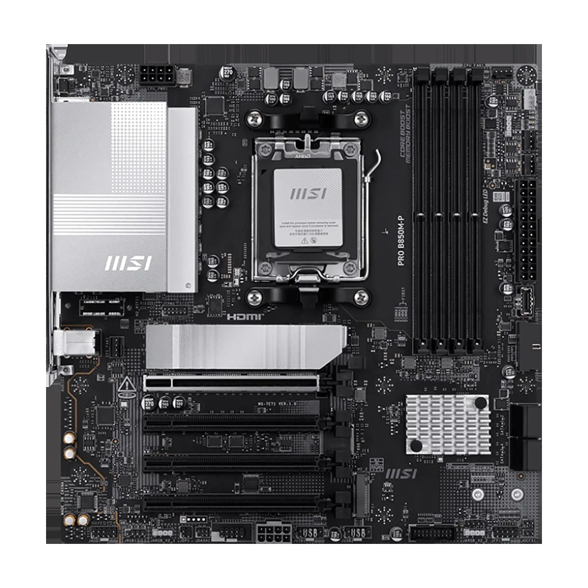 Материнская плата MSI PRO B850M-P, AM5, AMD B850, 4xDDR5, 4xSATA, 3xM.2, 1xPCIe 5.0 x16, 3xPCIe 3.0 x16, 1xHDMI, 1xDP, 1x5Gb LAN, 1xUSB-C 10Gbps, 1xUSB-A 10Gbps, 2xUSB-A 5Gbps, 4xUSB-A 2.0, 3x3.5 мм, 7.1, чёрный, mATX