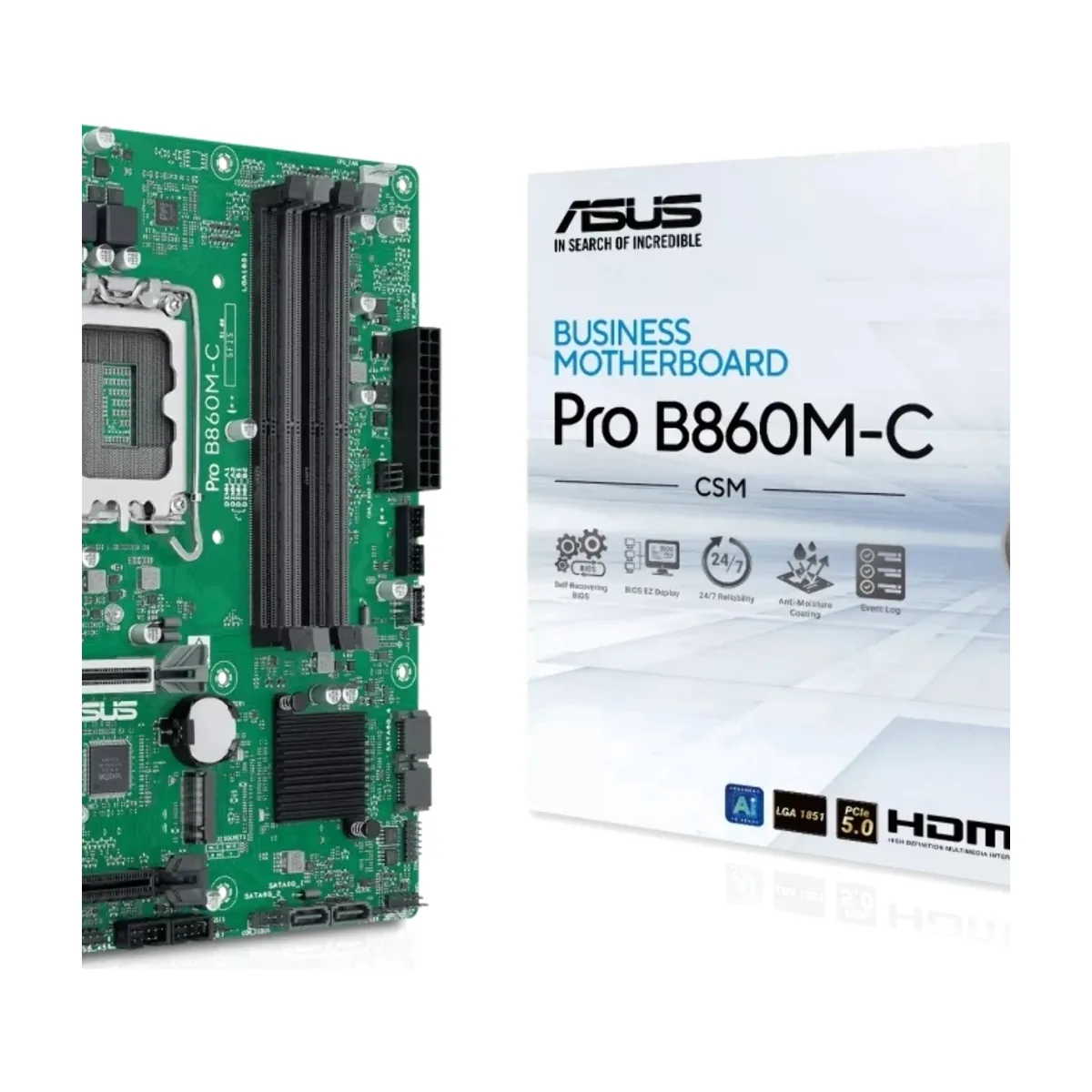 Материнская плата ASUS PRO B860M-C-CSM, LGA 1851, Intel B860, 4xDDR5, 4xSATA, 2xM.2, 1xPCIe 5.0 x16, 1xPCIe 4.0 x16, 1xPCIe 3.0 x1, 1xHDMI, 2xDP, 1x1Gb LAN, 1xUSB-C 10Gbps, 1xUSB-A 10Gbps, 2xUSB-A 2.0, 3x3.5 мм, 7.1, mATX
