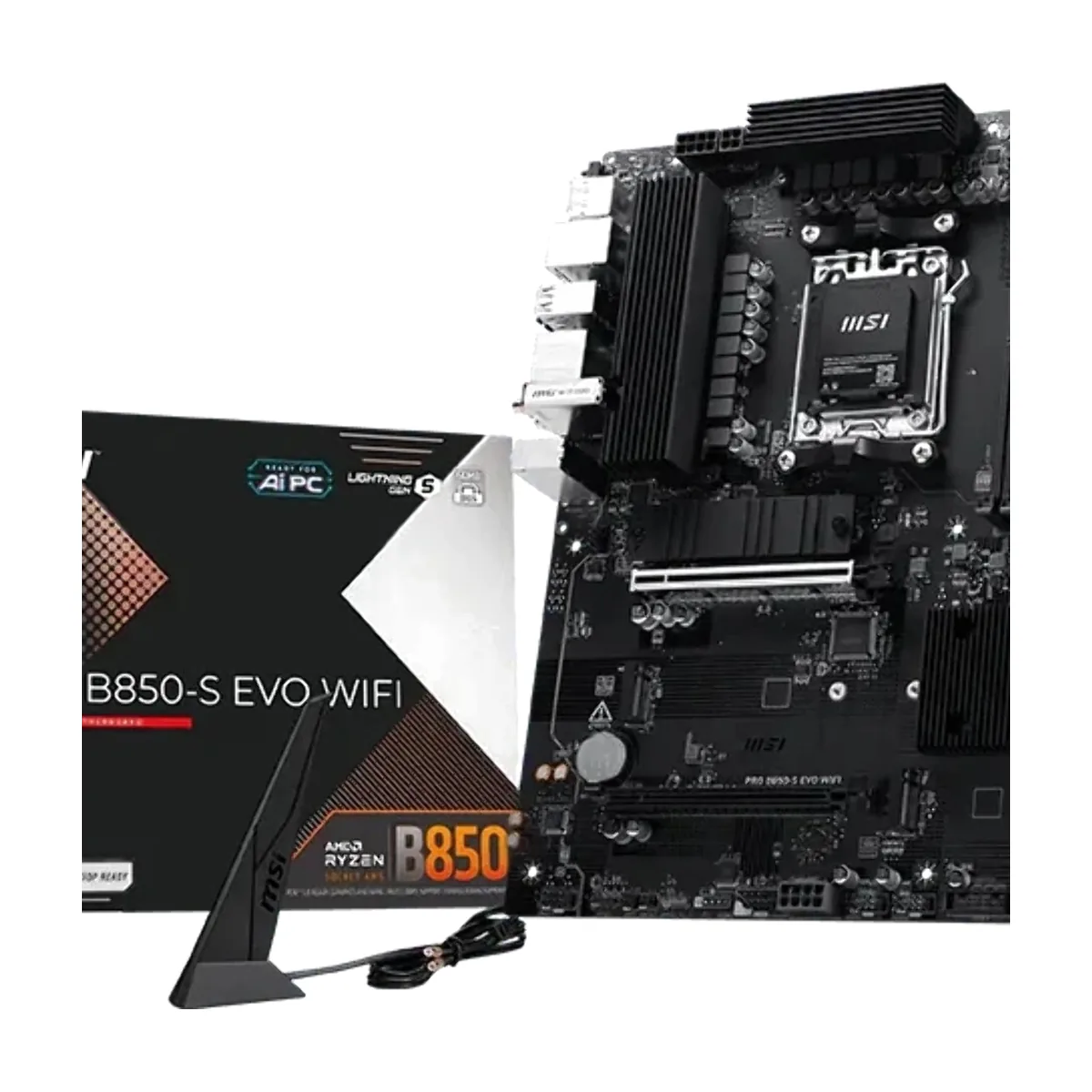 Материнская плата MSI PRO B850-S EVO WIFI, AM5, AMD B850, 4xDDR5 (до 256 ГБ), 4xSATA, 3xM.2 (1xPCIe 5.0, 2xPCIe 4.0), 1xPCIe 5.0 x16, 1xPCIe 4.0 x16, 1xHDMI, 1xDP, 1x5Gb LAN, Wi-Fi 7, Bluetooth 5.4, 1xUSB-C 10Gbps, 2xUSB-A 10Gbps, 2xUSB-A 5Gbps, 4xUSB-A 2.0, 3x3.5 мм, 7.1, чёрный, ATX