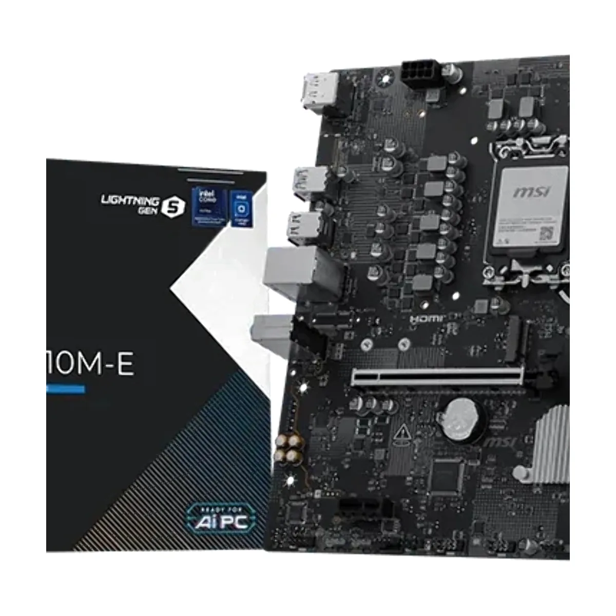 Материнская плата MSI PRO H810M-E, LGA 1851, Intel H810, 2xDDR5 (до 128 ГБ), 4xSATA, 1xM.2 (PCIe 4.0 x4), 1xPCIe 5.0 x16, 1xPCIe x1, 1xHDMI, 1xDP, 1x2.5Gb LAN, 2xUSB-A 5Gbps, 4xUSB-A 2.0, 3x3.5 мм, 7.1, чёрный, mATX