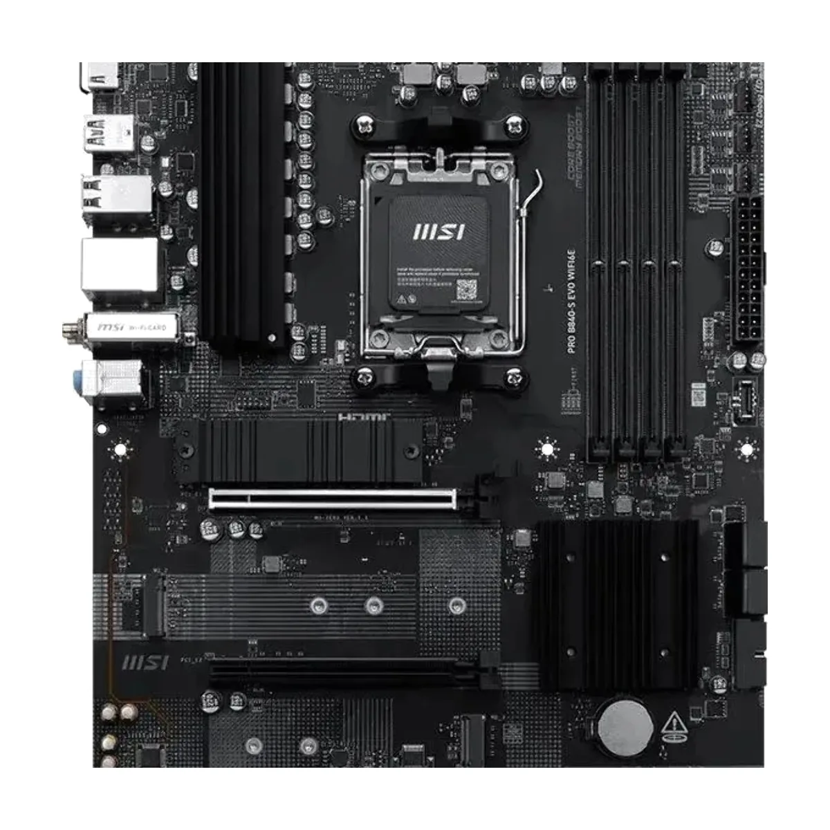 Материнская плата MSI PRO B840-S EVO WIFI6E, AM5, AMD B840, 4xDDR5 (до 256 ГБ), 4xSATA, 3xM.2 (PCIe 4.0/3.0), 1xPCIe 4.0 x16, 1xPCIe 3.0 x16, 1xHDMI, 1x2.5Gb LAN, Wi-Fi 6E, Bluetooth 5.3, 1xUSB-C 10Gbps, 1xUSB-A 10Gbps, 2xUSB-A 5Gbps, 4xUSB-A 2.0, 3x3.5 мм, 7.1, чёрный, ATX