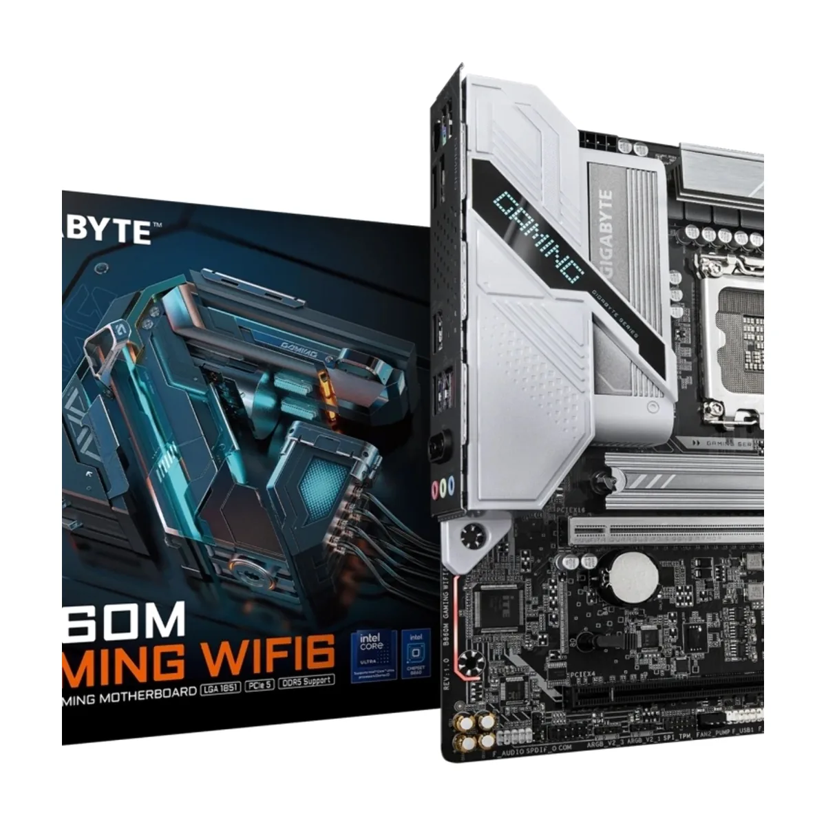 Материнская плата Gigabyte B860M GAMING WIFI6, LGA 1851, Intel B860, 2xDDR5, 4xSATA, 2xM.2, 1xPCIe 5.0 x16, 1xPCIe 4.0 x16, 1xHDMI, 1xDP, 1x2.5Gb LAN, Wi-Fi 6, Bluetooth 5.3, 3xUSB-A 5Gbps, 3xUSB-A 2.0, 1xPS/2, 3x3.5 мм, 7.1, mATX