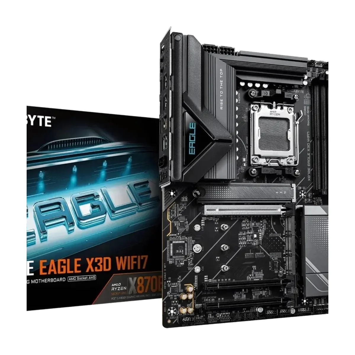 Материнская плата Gigabyte X870E EAGLE X3D WIFI7, AM5, AMD X870E, 4xDDR5, 4xSATA, 4xM.2, 1xPCIe 5.0 x16, 1xPCIe 4.0 x16, 1xPCIe 3.0 x16, 1xHDMI, 1x5Gb LAN, Wi-Fi 7, Bluetooth 5.4, 2xUSB-C 40Gbps (USB4), 1xUSB-C 10Gbps, 4xUSB-A 10Gbps, 4xUSB-A 5Gbps, 3x3.5 мм + S/PDIF оптический, 7.1, чёрный, с подсв