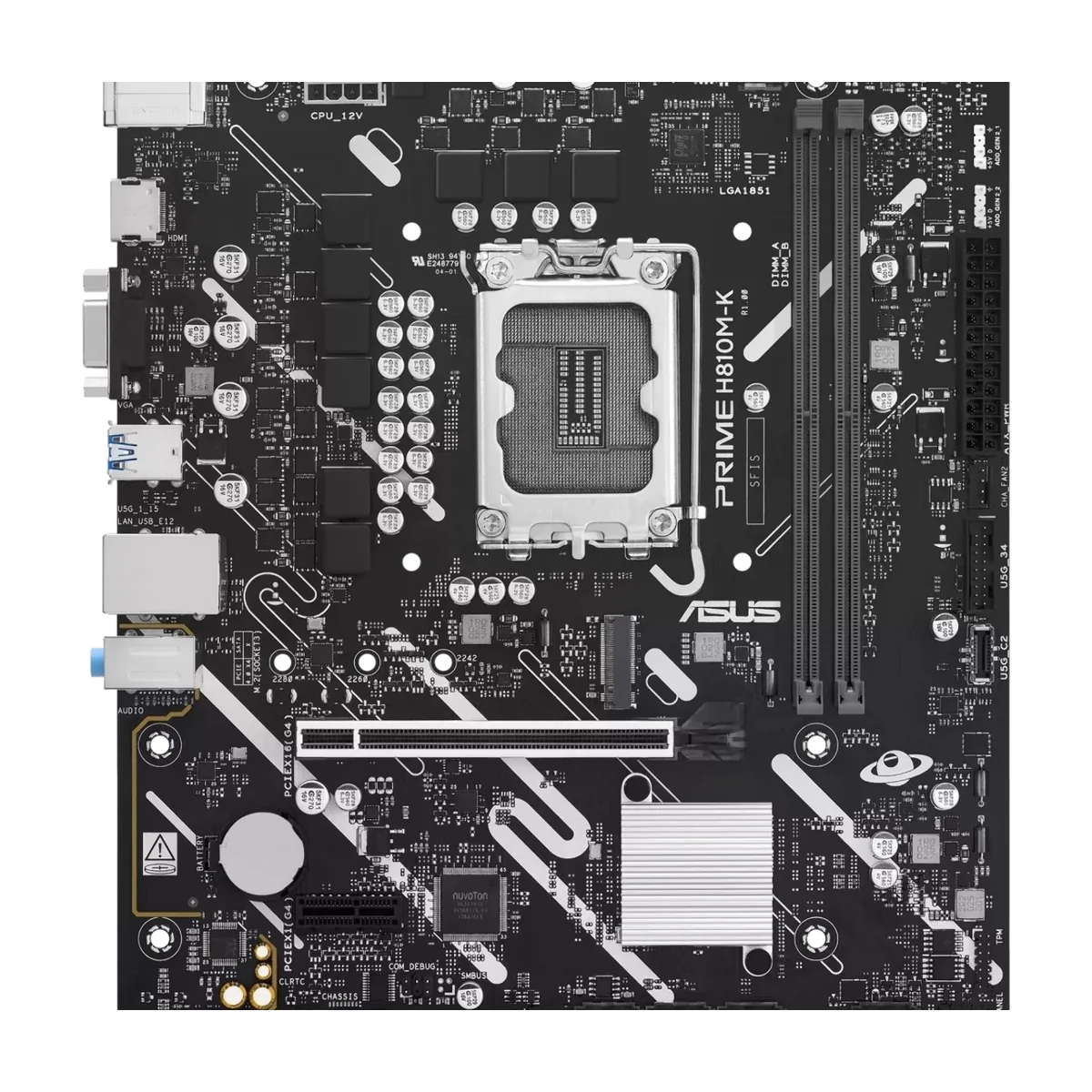 Материнская плата ASUS PRIME H810M-K, LGA 1851, Intel H810, 2xDDR5, 4xSATA, 1xM.2, 1xPCIe 4.0 x16, 1xPCIe 3.0 x1, 1xVGA, 1xHDMI, 1x1Gb LAN, 2xUSB-A 5Gbps, 4xUSB-A 2.0, 3x3.5 мм, 7.1, mATX