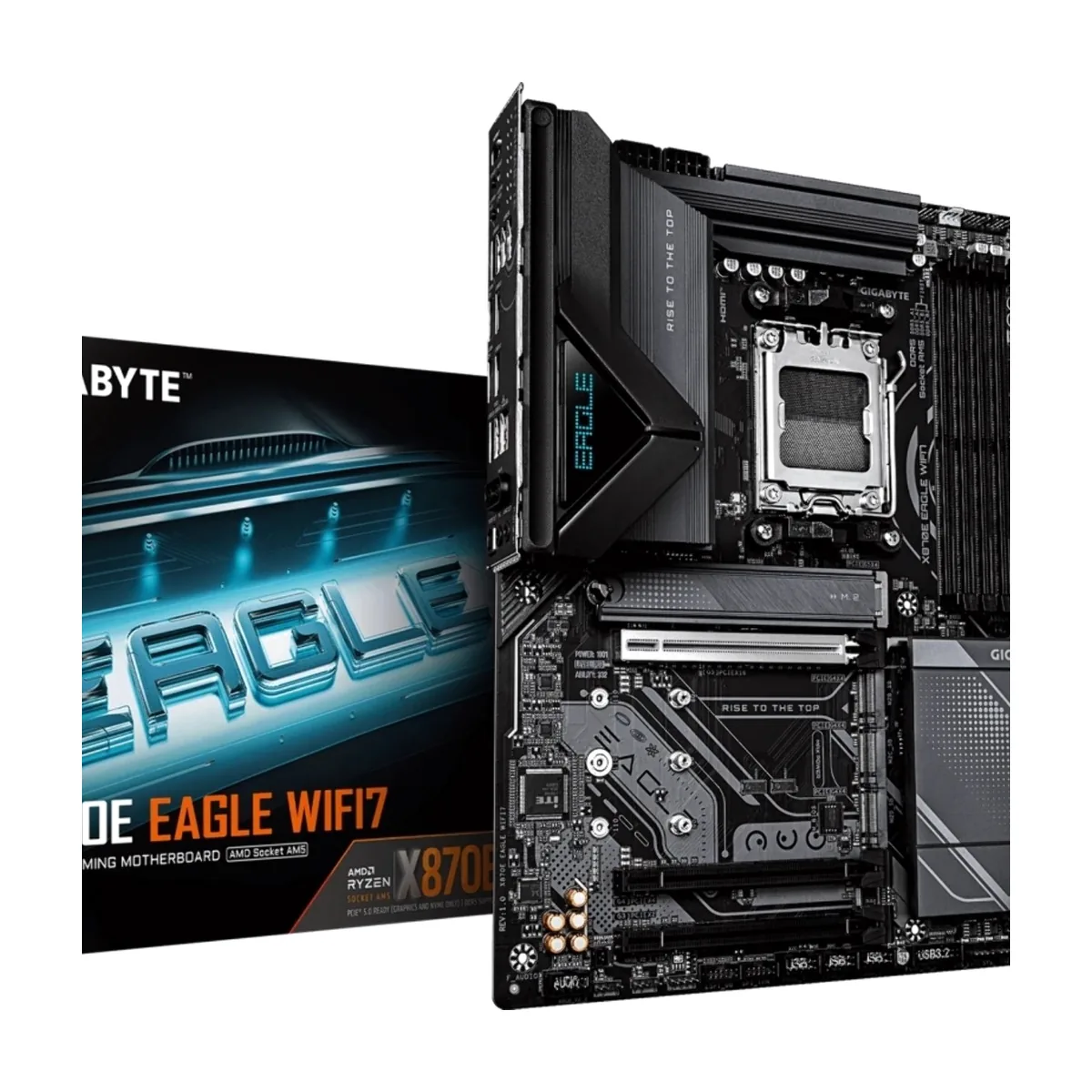 Материнская плата Gigabyte X870E EAGLE WIFI7, AM5, AMD X870E, 4xDDR5, 4xSATA, 4xM.2, 1xPCIe 5.0 x16, 1xPCIe 4.0 x16, 1xPCIe 3.0 x16, 1xHDMI, 1x5Gb LAN, Wi-Fi 7, Bluetooth 5.4, 2xUSB-C 40Gbps (USB4), 2xUSB-A 10Gbps, 4xUSB-A 5Gbps, 2xUSB-A 2.0, 3x3.5 мм + S/PDIF оптический, 7.1, чёрный, ATX