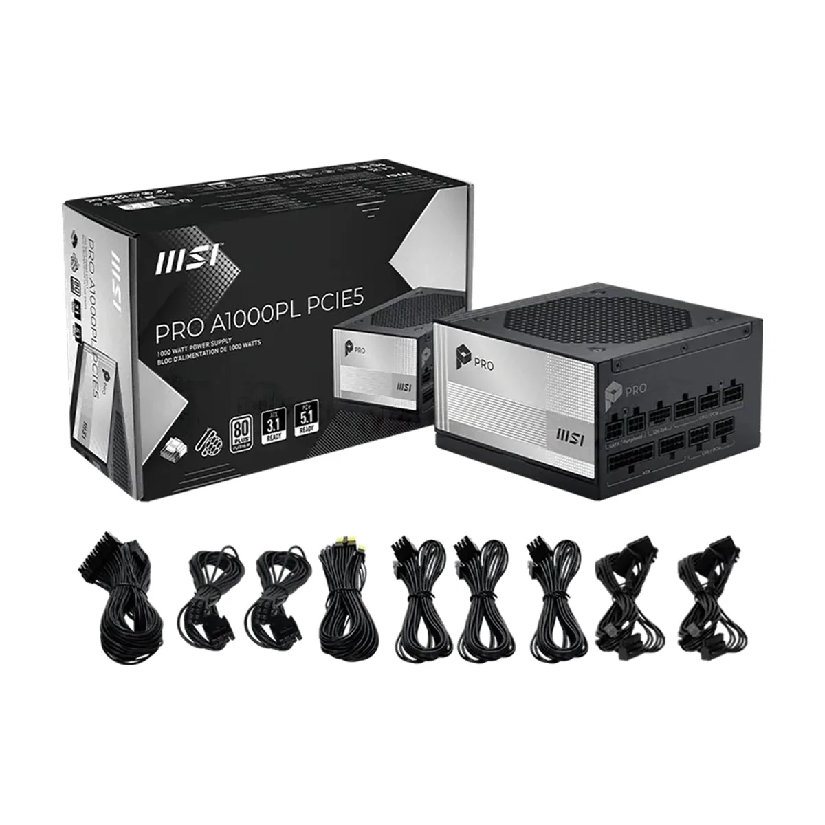 Блок питания MSI PRO A1000PL, 1000Вт, 80+ Platinum, 120мм, модульный, черный