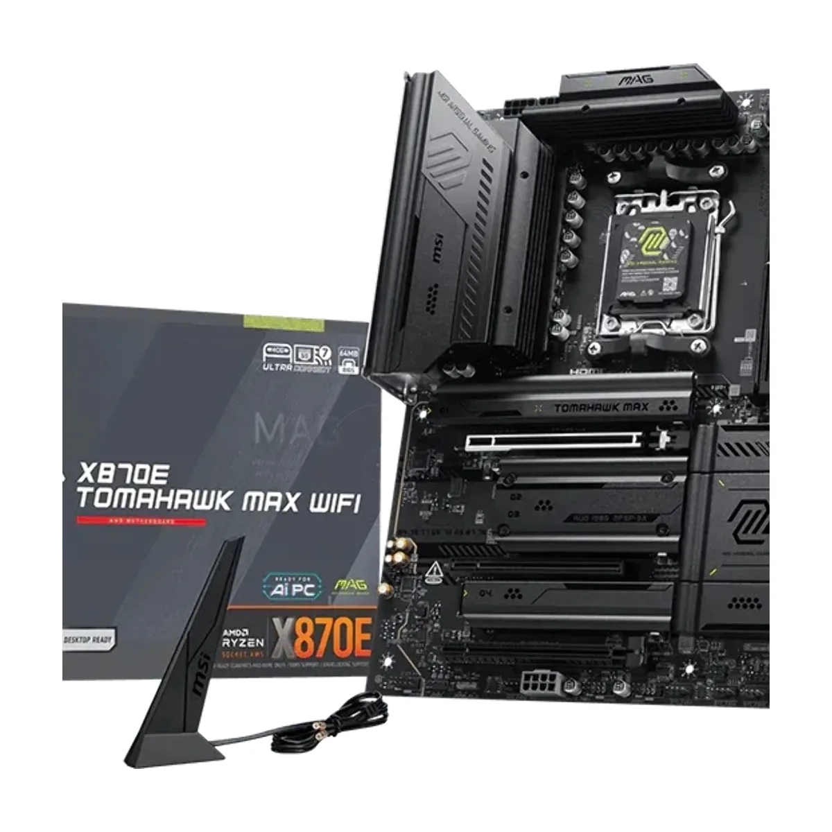 Материнская плата MSI MAG X870E TOMAHAWK MAX WIFI, AM5, AMD X870E, 4xDDR5 (до 256 ГБ), 4xSATA, 4xM.2 (2xPCIe 5.0, 2xPCIe 4.0), 1xPCIe 5.0 x16, 1xPCIe 4.0 x16, 1xPCIe 3.0 x16, 1xHDMI, 1x5Gb LAN, Wi-Fi 7, Bluetooth 5.4, 2xUSB-C 40Gbps (USB4), 1xUSB-C 10Gbps, 2xUSB-A 10Gbps, 3xUSB-A 5Gbps, 4xUSB-A 2.0,
