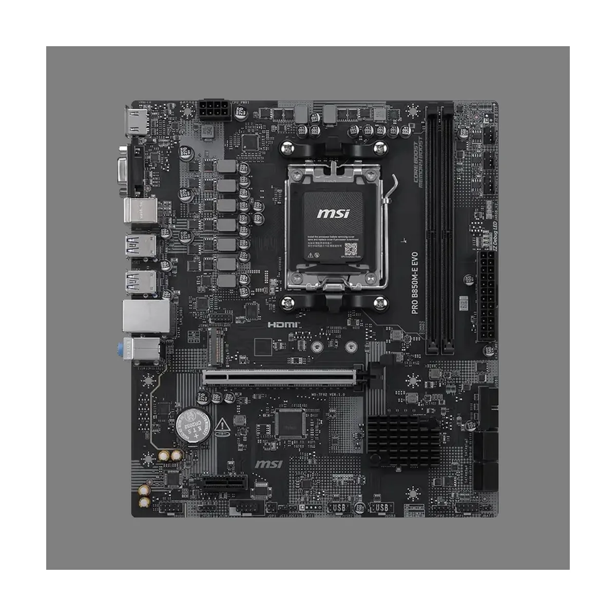 Материнская плата MSI PRO B850M-E EVO, AM5, AMD B850, 2xDDR5, 4xSATA 6Gb/s, 1xM.2, 1xPCIe 5.0 x16, 1xPCIe 3.0 x1, 1xHDMI, 1xVGA, 1x2.5Gb LAN, 4xUSB 5Gbps Type-A, 2xUSB 2.0, 3x3.5 мм, 7.1, microATX