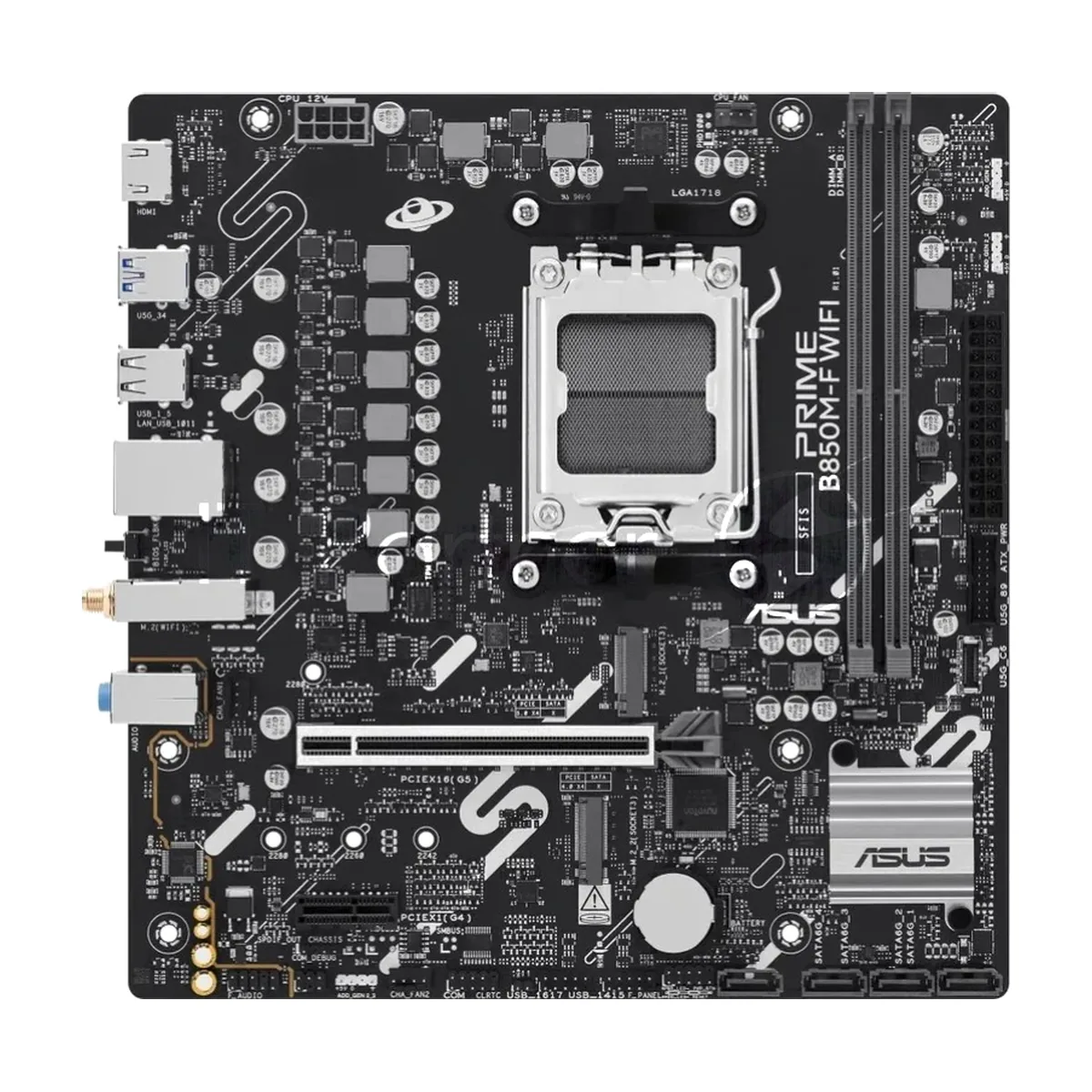 Материнская плата ASUS PRIME B850M-F WIFI, AM5, AMD B850, 2xDDR5, 4xSATA 6Gb/s, 2xM.2, 1xPCIe 5.0 x16, 1xPCIe 4.0 x1, 1xHDMI, 1x1Gb LAN, 2xUSB 5Gbps, 4xUSB 2.0, 3x3.5 мм, 7.1, microATX