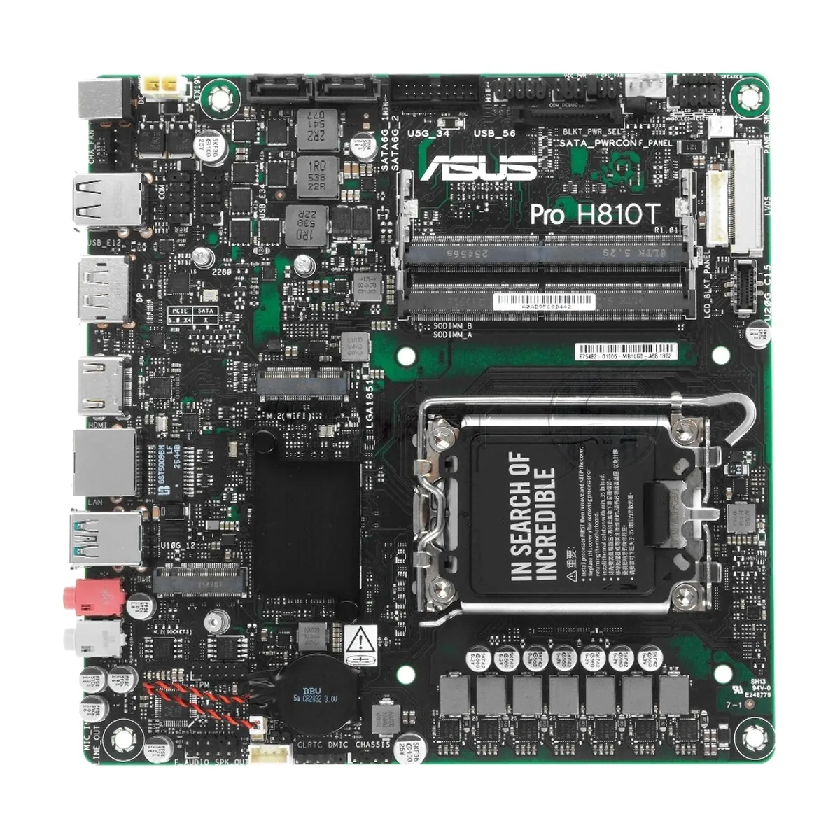 Материнская плата ASUS Pro H810T-CSM, LGA1851, Intel H810, 2xDDR5 SO-DIMM, 2xSATA 6Gb/s, 2xM.2, 1xHDMI, 1xDisplayPort, 1x 1Gb LAN, 2xUSB 3.2 Gen 2 Type-A, 2xUSB 2.0 Type-A, 2x3.5 мм, 7.1, mini-ITX