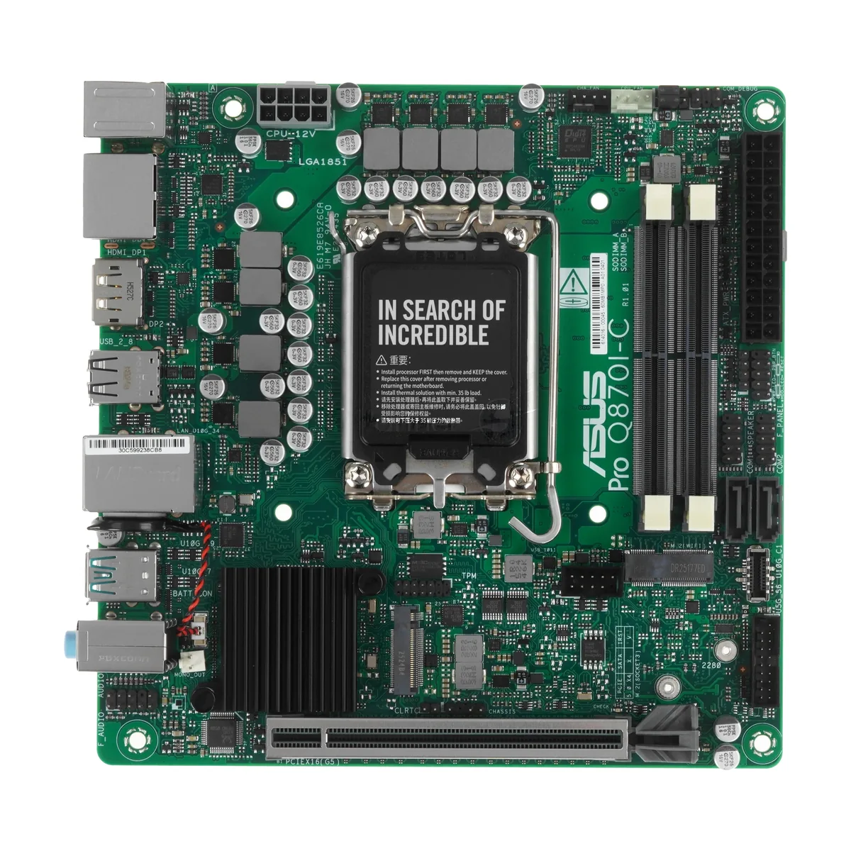 Материнская плата ASUS Pro Q870I-C-CSM, LGA 1851, Intel Q870, 2xDDR5 SO-DIMM, 2xSATA, 1xM.2, 1xPCIe 5.0 x16, DisplayPort, HDMI, 1x1Gb LAN, 3x3.5 мм, 7.1, Mini-ITX
